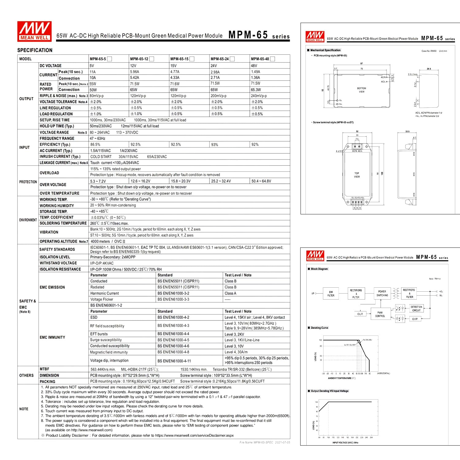 MPM-65-12ST 65W 12V 5.42A AC-DC Alimentatore Ecologico ad Alta Efficienza Certificazione TUV e UL Ideale per Elettronica Sensibile