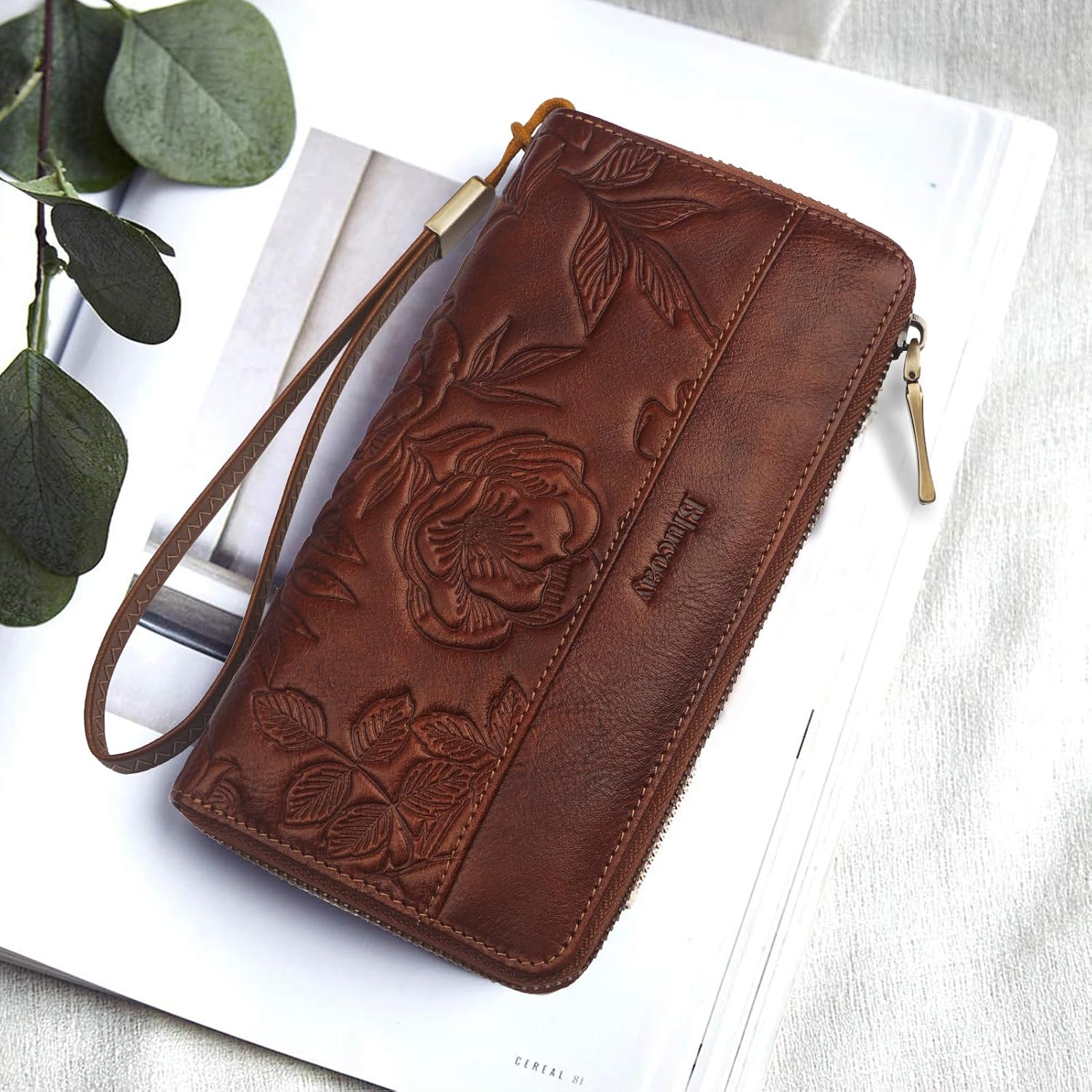 Leather Womens Wallet with Embossed Flowers,RFID Blocking Long Wallet For Women Large Capacity Wristlet With Card Holder Zip Coin Pocket(embossed brown) - Image 9