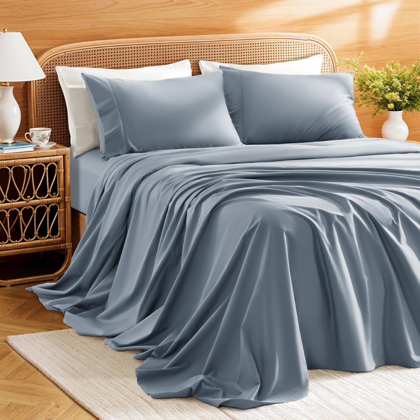 SONORO KATE 100% Egyptian Cotton Sheets, 1800 Thread Count — Sateen Weave Sheets Set, Ultra Soft & Breathable, Luxury 5-Star Hotel Quality Sheets, 16" Deep Pocket, 4-Piece (French Blue,Queen)