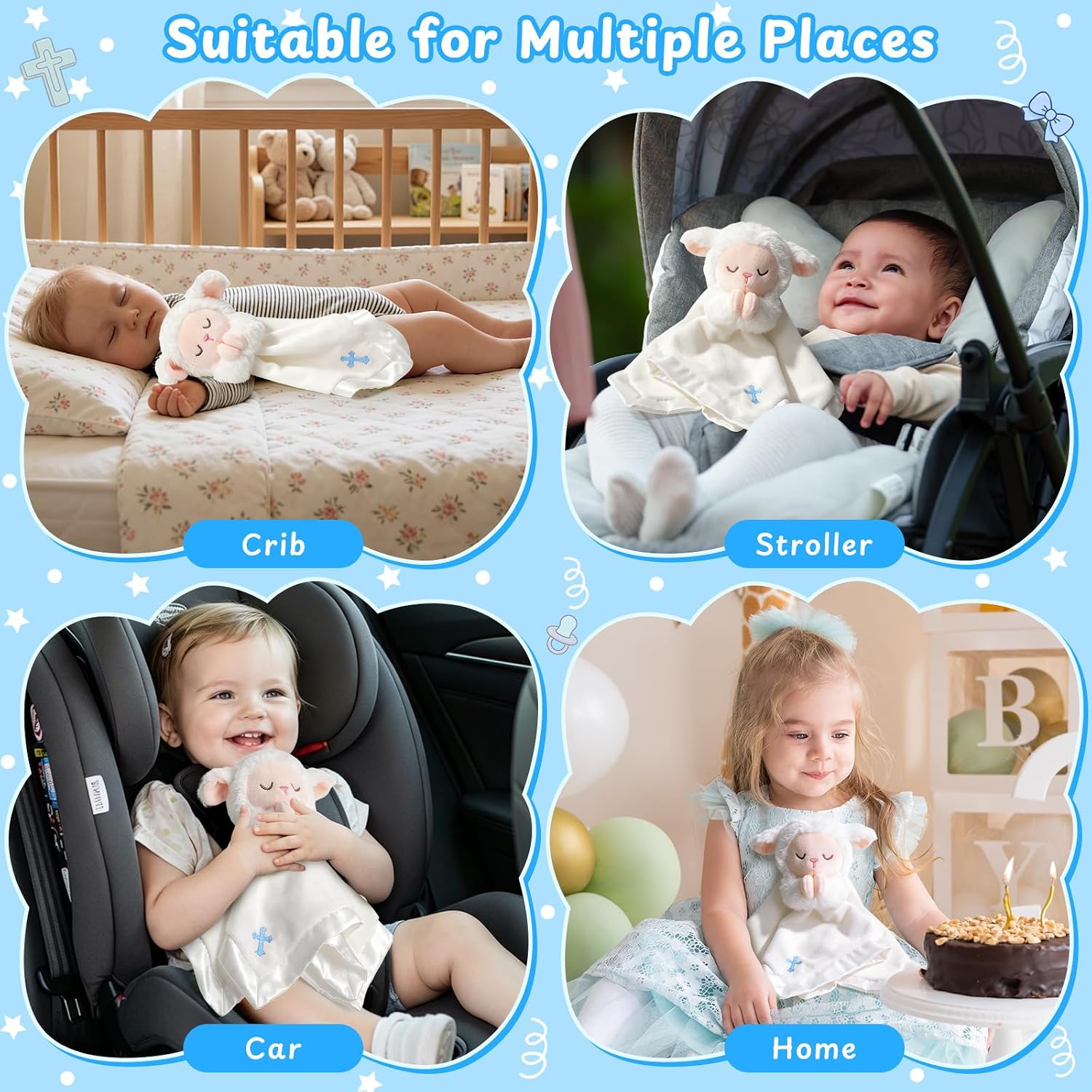 Lamb Baptism Blanket, Lamb Loveys for Baby Boys, Security Blanket with Embroidered Blue Cross, Soft Baby Blanket for Newborns Toddlers, Baptism Gifts for Christening Baby Showers, 12in