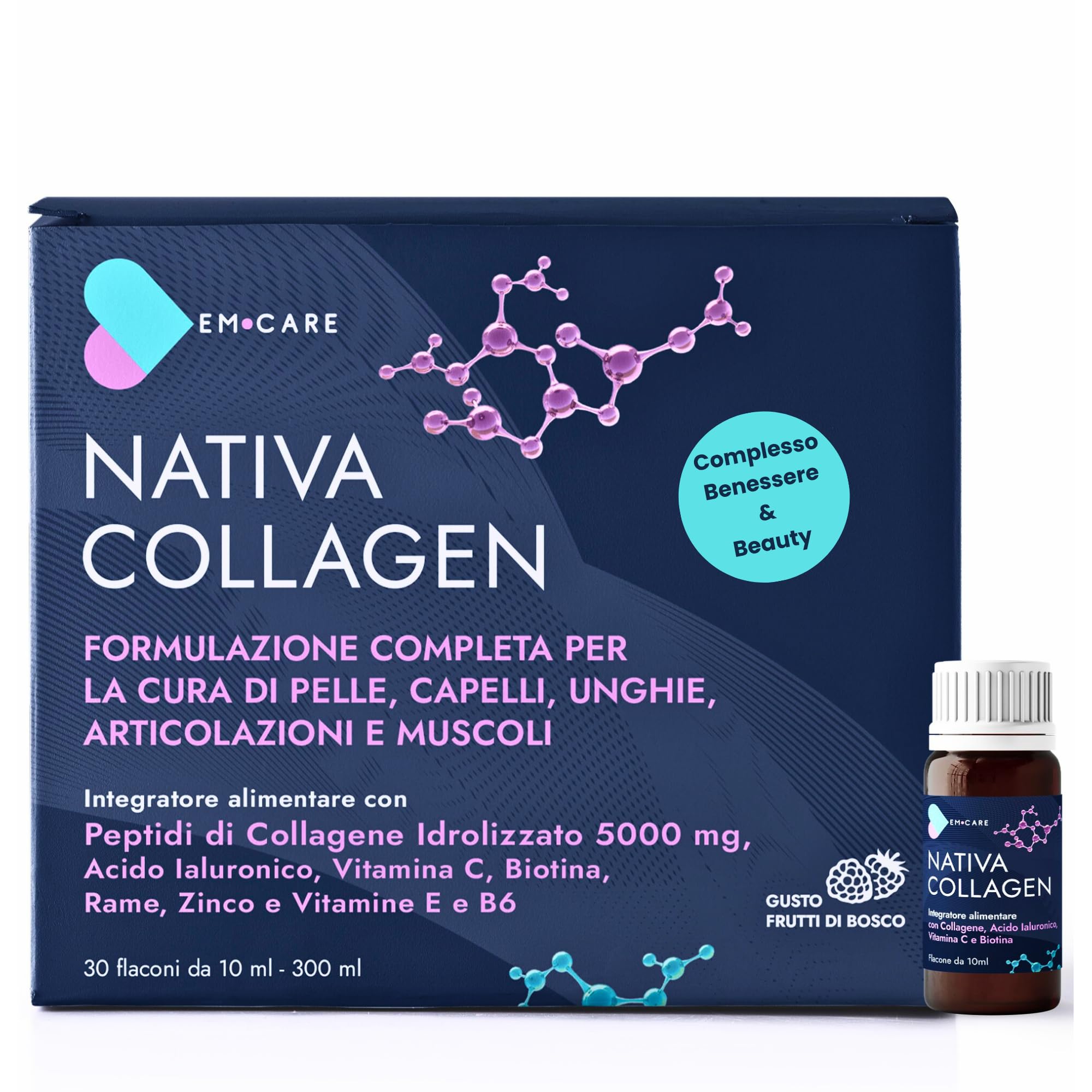 EM CARE Collagene da Bere - Collagene Marino Idrolizzato con Acido Ialuronico, Vitamina C, Biotina e Zinco - 30 Flaconi - Integratore per Pelle, Capelli, Unghie e Articolazioni