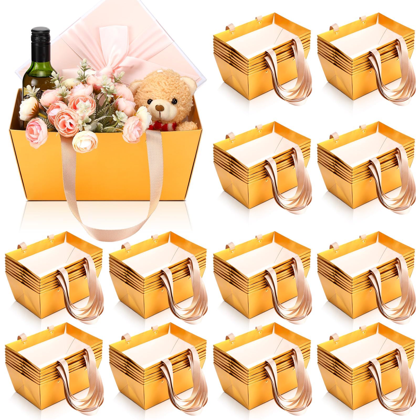 Glenmal 72 cesti regalo con manici, in carta kraft, vuoti, 24 x 16,5 x 10,9 cm, per confezioni regalo, matrimoni, feste, Natale, San Valentino (oro)