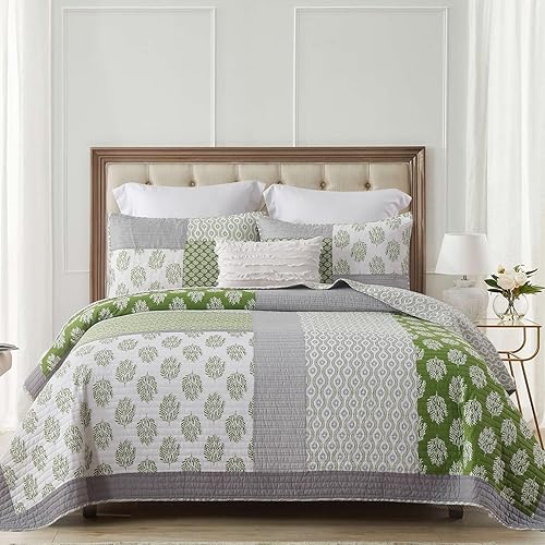 Miniatura 9 de KALOOLA Colcha tamaño Queen 100 algodón tamaño Queen juego de ropa de cama de retazos florales azules y blancos edredón de cama Queen edredón