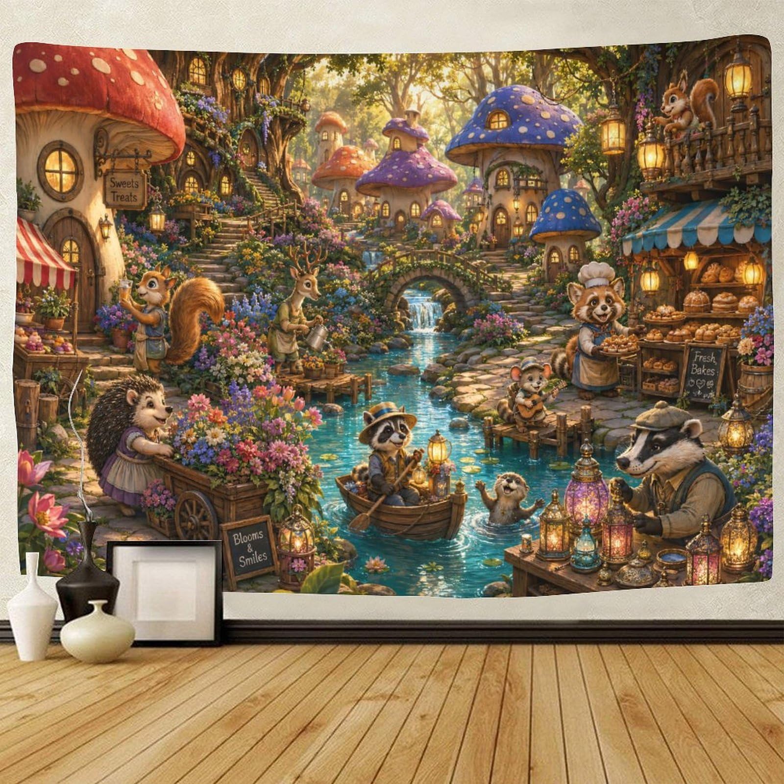GPMNBCXZK Mushroom Village Animals Wall Art Decor Wall Tapestry 3D Print Tapestries Poster Curtain Living Room Dorm 180cmx230cm