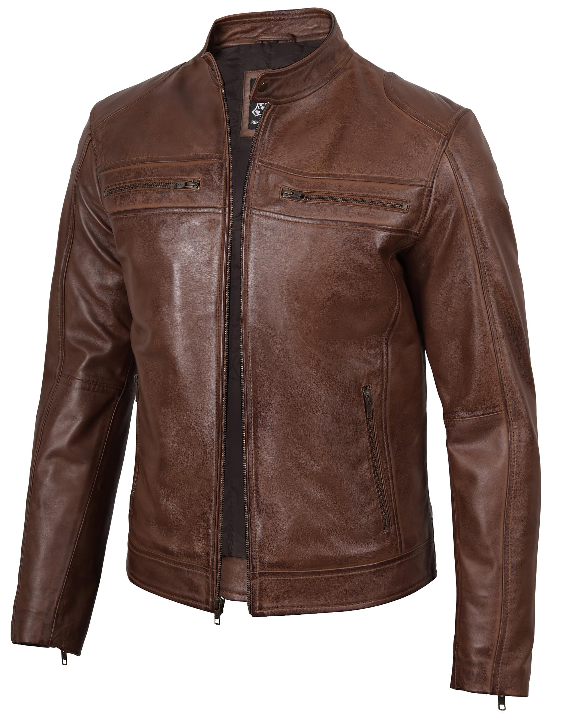 fjackets Mens Leather Jacket - Real Lambskin Cafe Racer Moto Biker Stand Collar Jacket