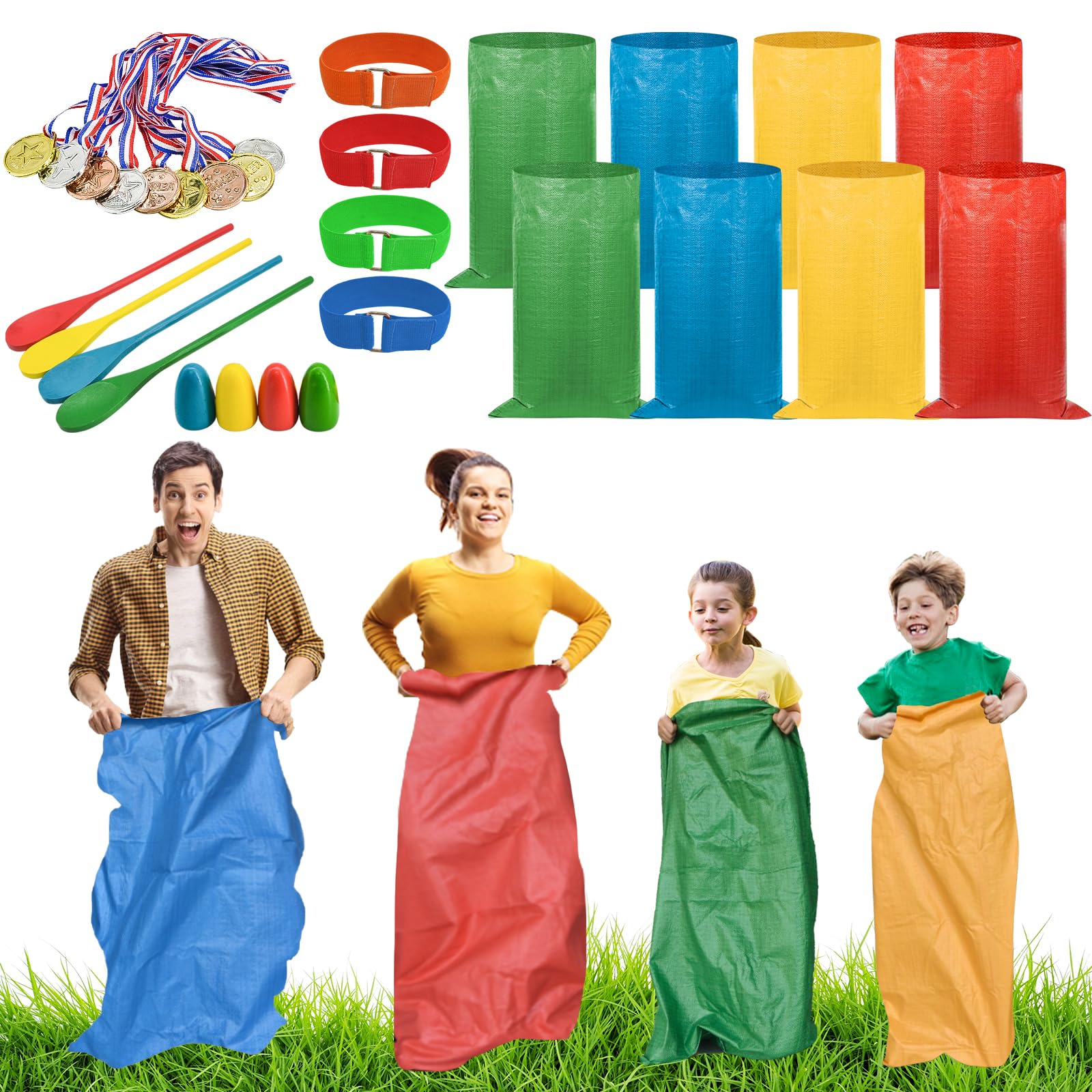 25 PCS Potato Sack Race Bags, Outdoor Games Sack Race Bags Set Includes 3-Legged Race Bands, Egg Spoon Relay Race, Plastic Medals, Carnival Outdoor Lawn Party Field Day Games for Adults & Family