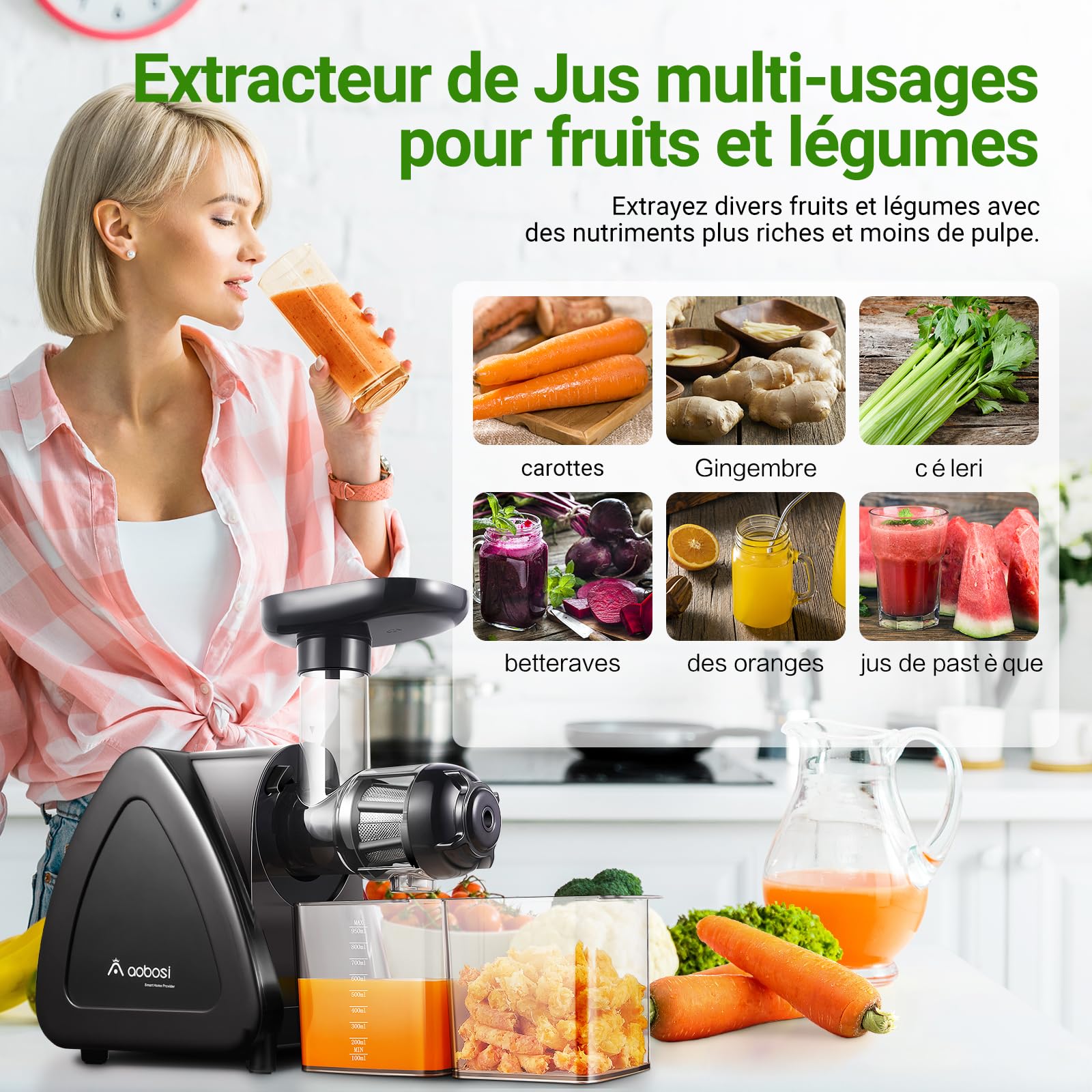 Aobosi Extracteur de Jus Sans BPA, Moteur Silencieux, Fonction Reverse, Noir