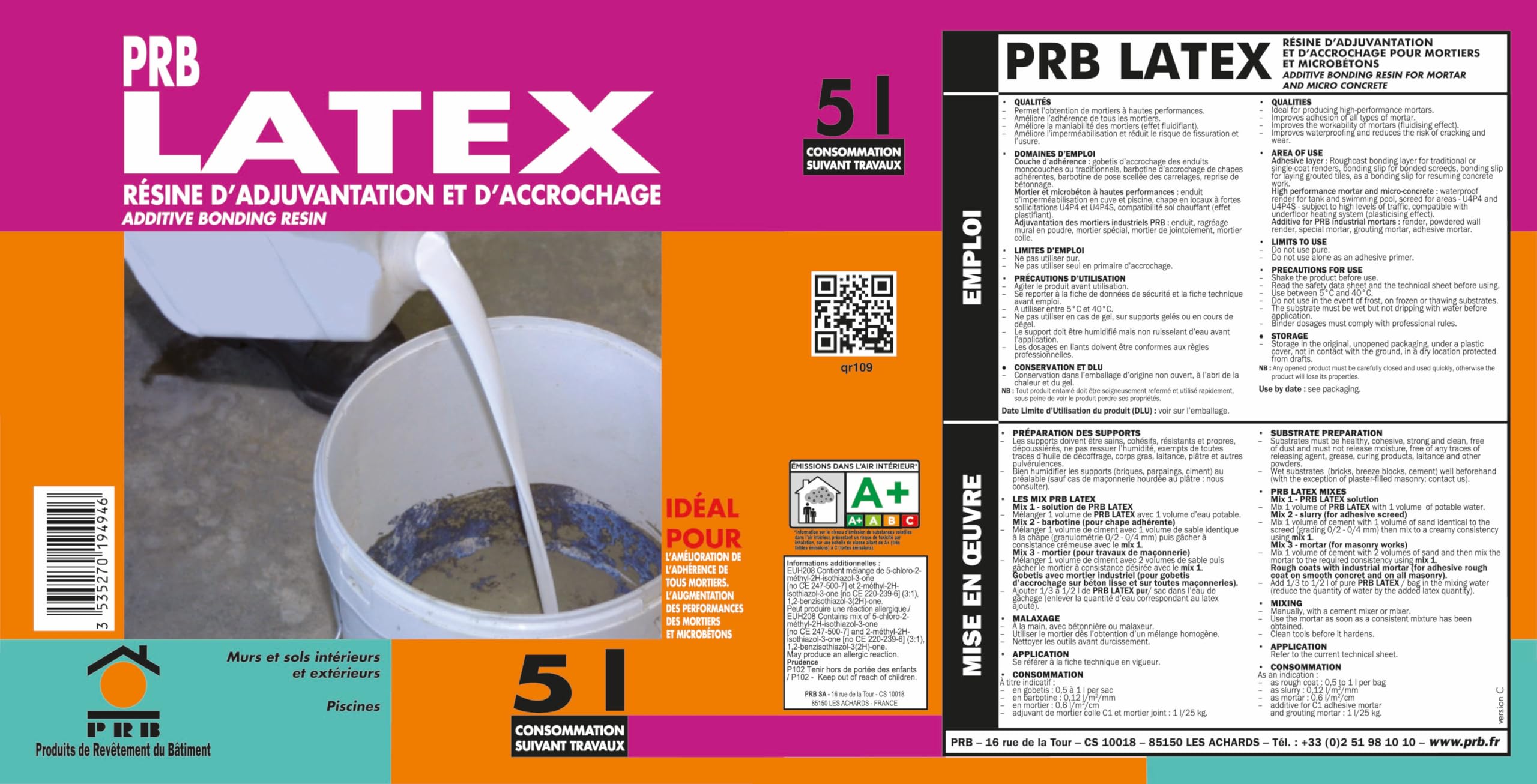 Résine d’Adjuvantation et d’Accrochage Latex 5L - Améliore Adhérence et Résistance des Mortiers - Additif Polyvalent Intérieur/Extérieur