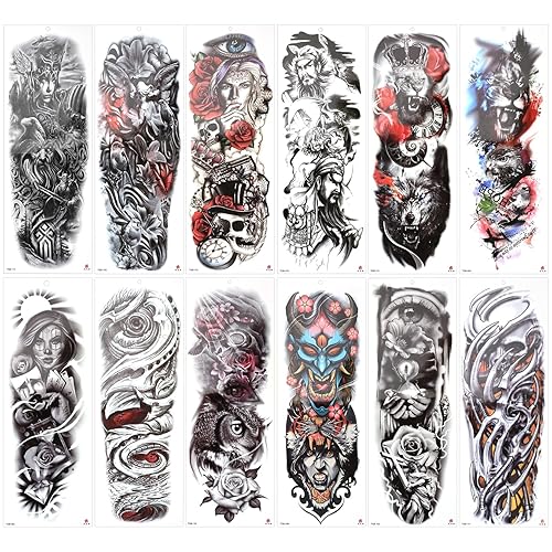 XhjzgcTech 12 hojas de tatuajes temporales, tatuaje temporal de brazo completo para hombres y mujeres, tatuajes de manga completa temporales,