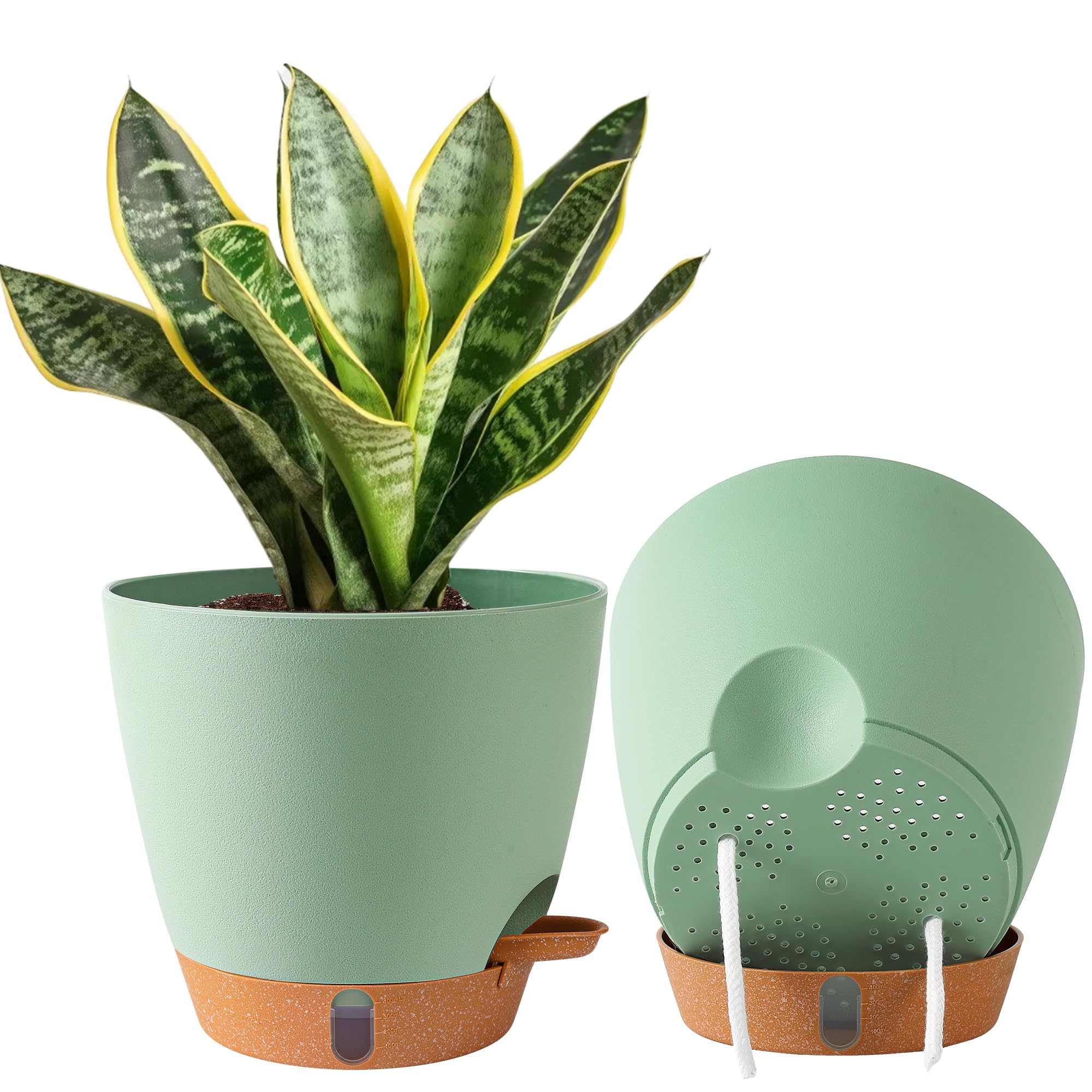 Fielda 2 Pack 8 Inch Pots for Plants Indoor, Plastic Self Watering Planters with Drainage Holes, Water Level Indicator & Deep Reservoir, Decorative