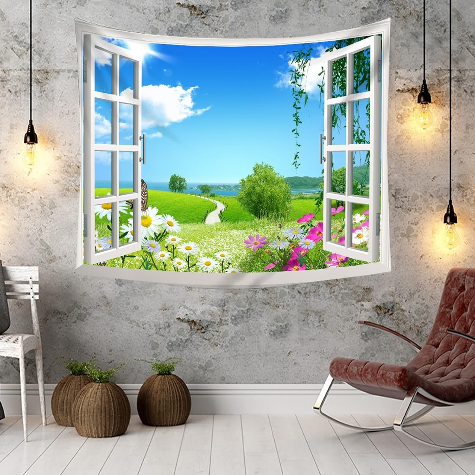 Wycian - Tapicería de pared, papel pintado, color verde liso, papel pintado, diseño panorámico, color blanco, azul, ventana, paisaje natural, 350 x 256 cm