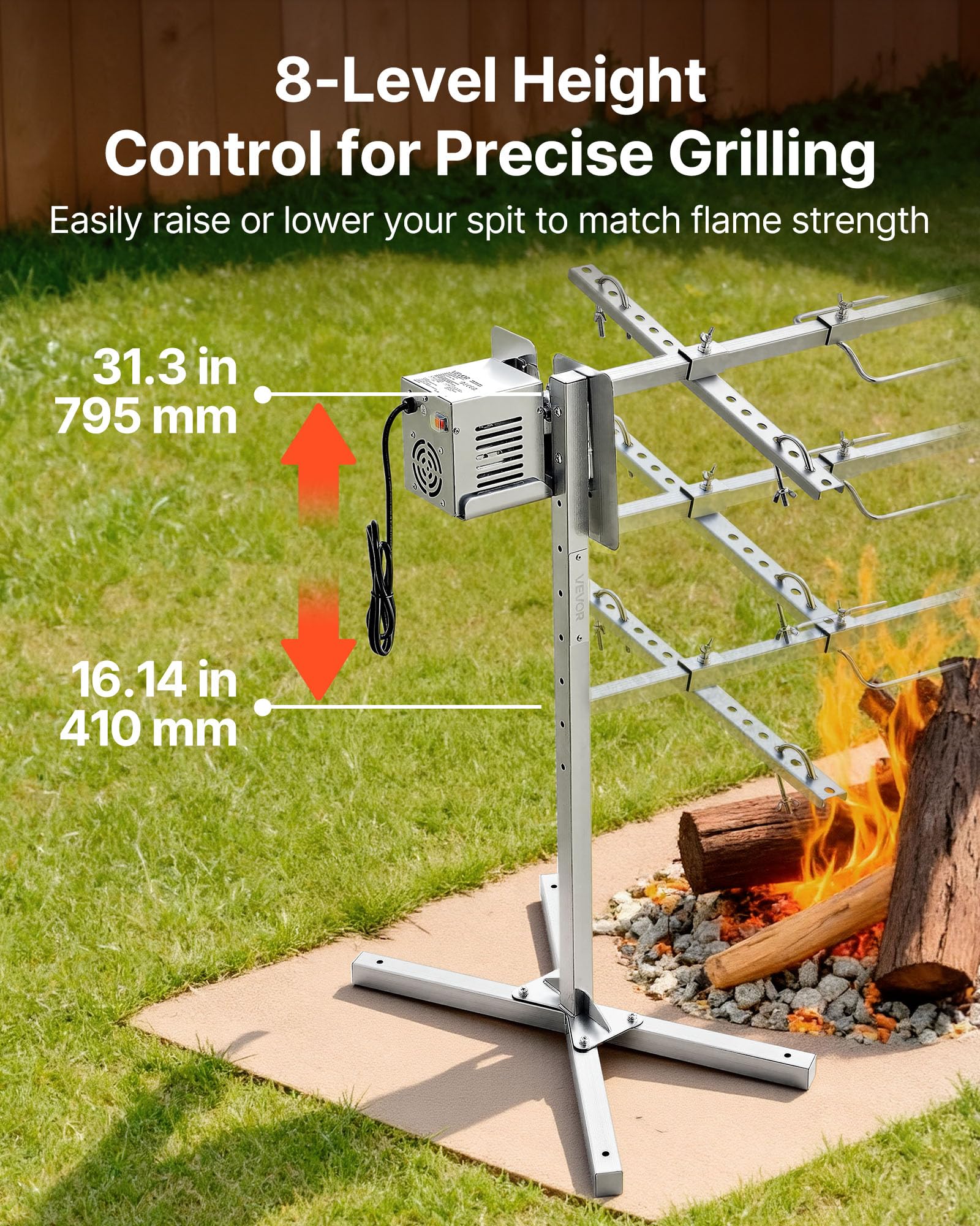 VEVOR Grill rożen o udźwigu 60 kg, 8 poziomów wysokości, automatyczny silnik 38 W, widelec ze stali nierdzewnej, do jagnięciny, prosiąt