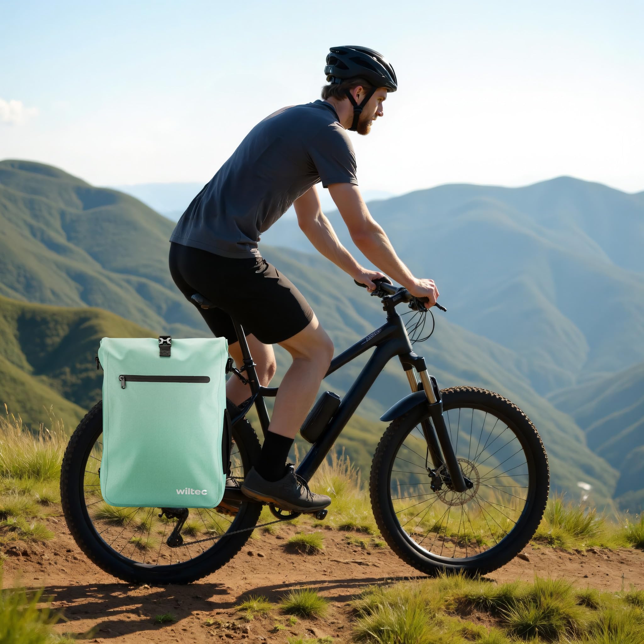 WilTec Bolsa versátil para Bicicletas 25 L Verde Claro Resistente a la Lluvia con Compartimento para portátil fácil instalación en portabultos Ideal para Ciclistas urbanos y excursiones
