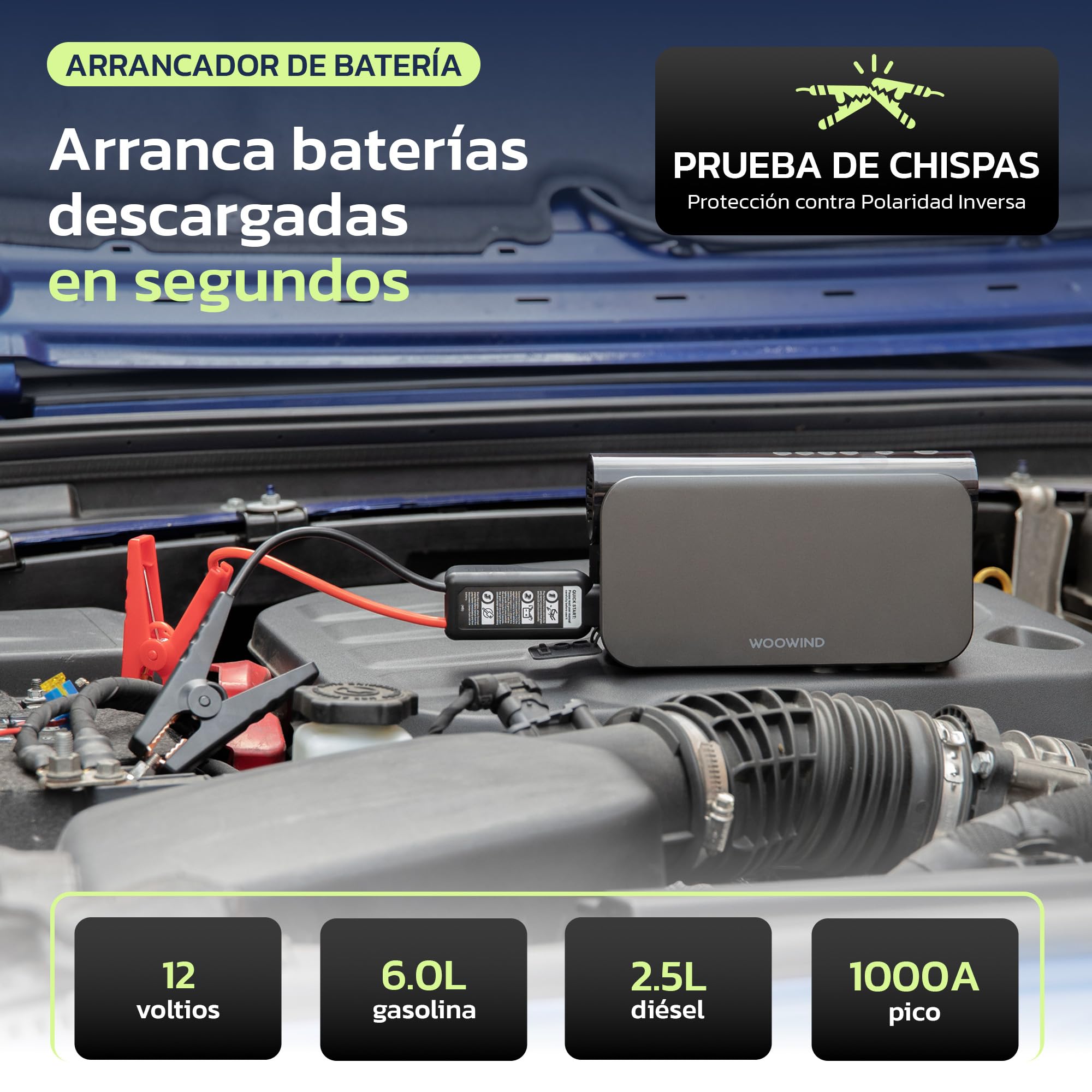 Woowind Arrancador Baterías, Compresor de Aire, Power Bank, 10,3 BAR | Compresor De Aire, Power Bank 65W, Booster Batería 12V, Inflador De Ruedas, Cargador 16000mAh