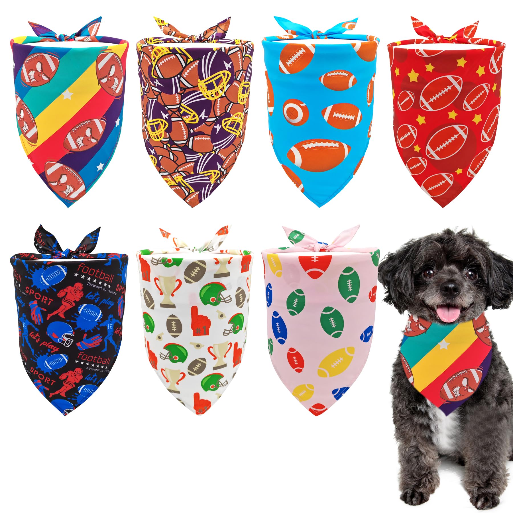 Pai Sence 7 PCS Football Dog Bandanas for Small Dogs Stitching Edge Dog Bandana for Puppy Doggy Print One Side Scarves Game Day Grooming S