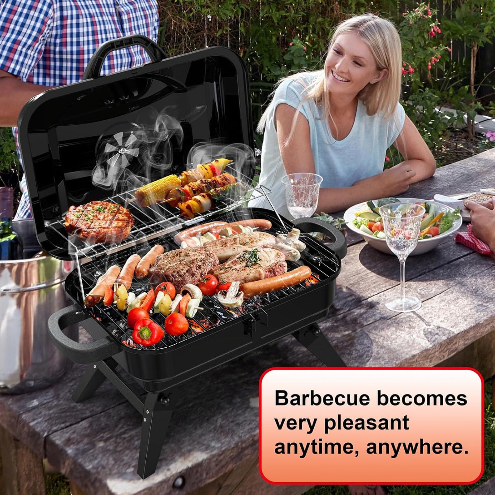 Przenośny grill z węglem drzewnym z grzewką, składany grill z regulowaną wentylacją powietrza i 330 sq.in. Obszar gotowania RV na zewnątrz, wycieczki turystyczne, kemping, patio, Tailgating