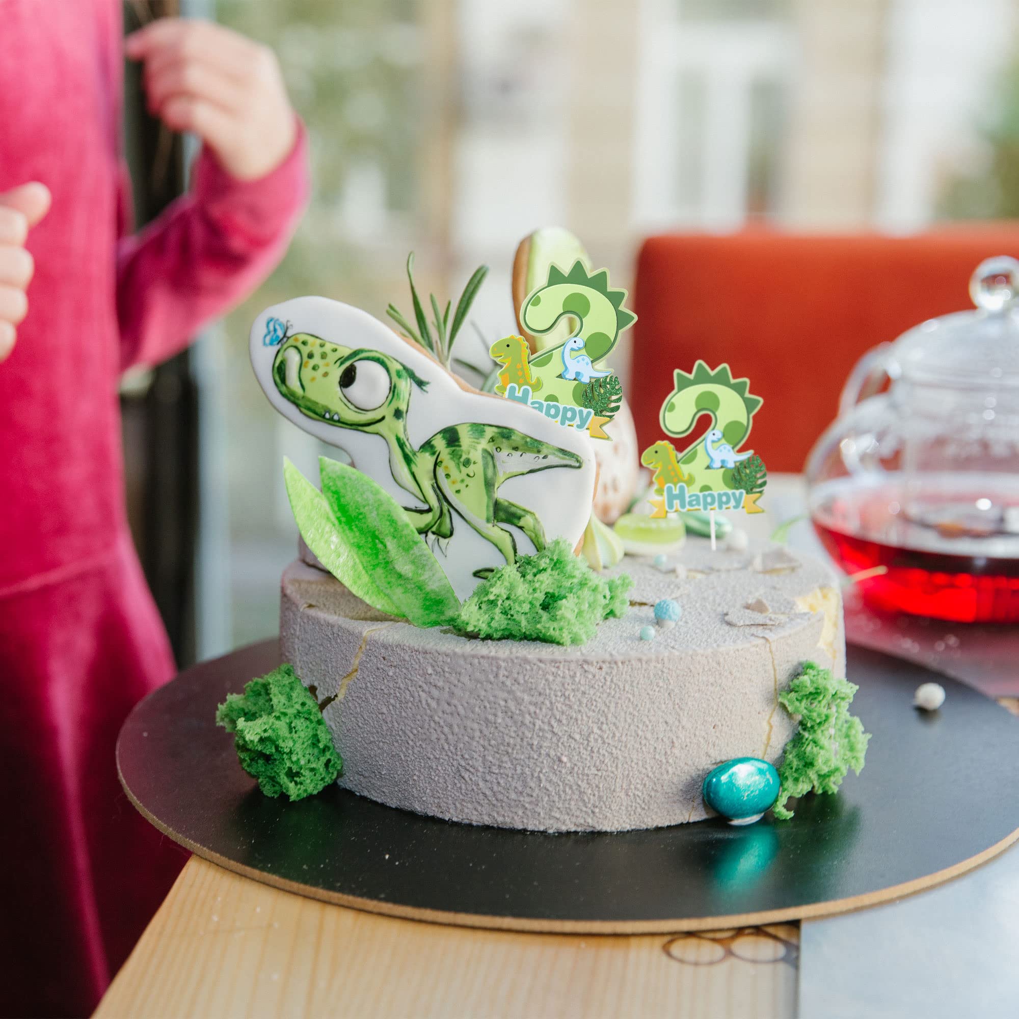 Dinosaurier-Kuchenaufsatz Zum 2. Geburtstag – Mit Brüllender Zahl 2 & Rex-Figuren, Aus Glitzerkarton, Vormontiert