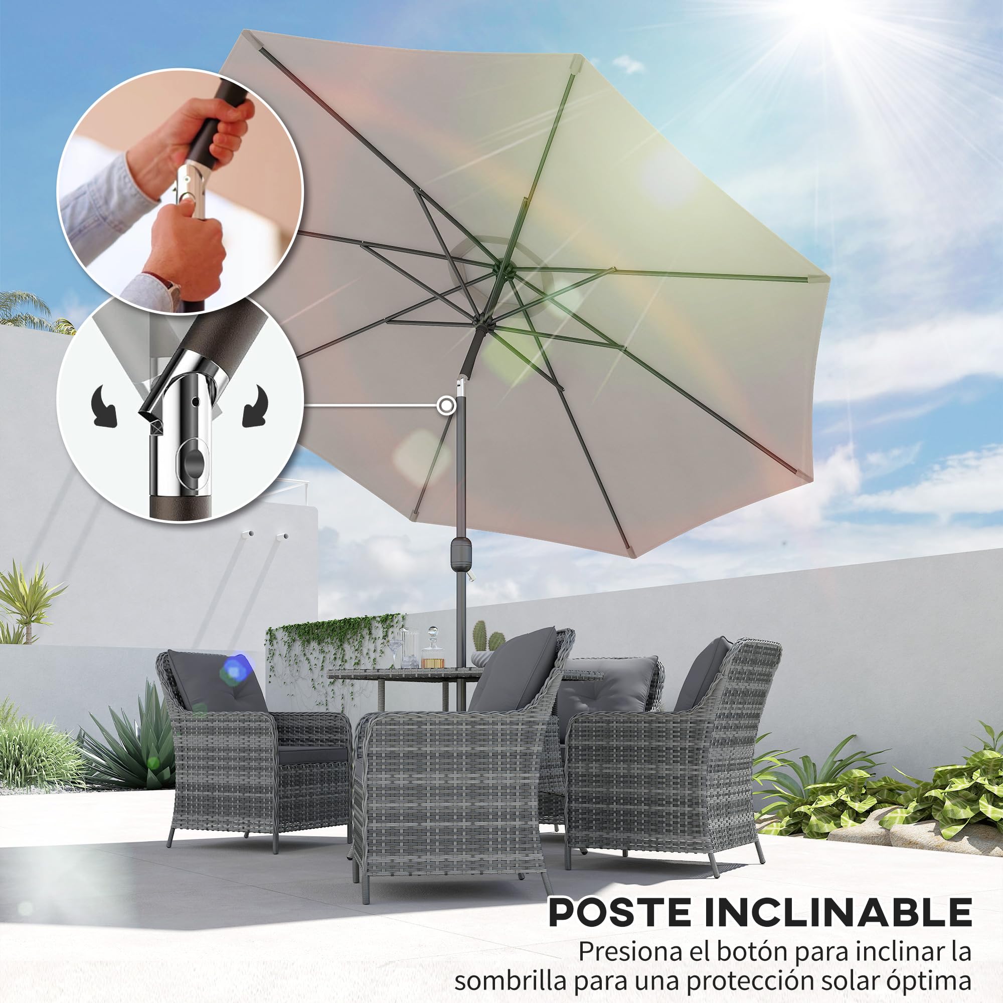 Outsunny Sombrilla de Jardín Ø300x250 cm con Manivela Parasol Exterior con Mecanismo de Inclinación y Poste Desmontable de Metal para Terraza Piscina Patio