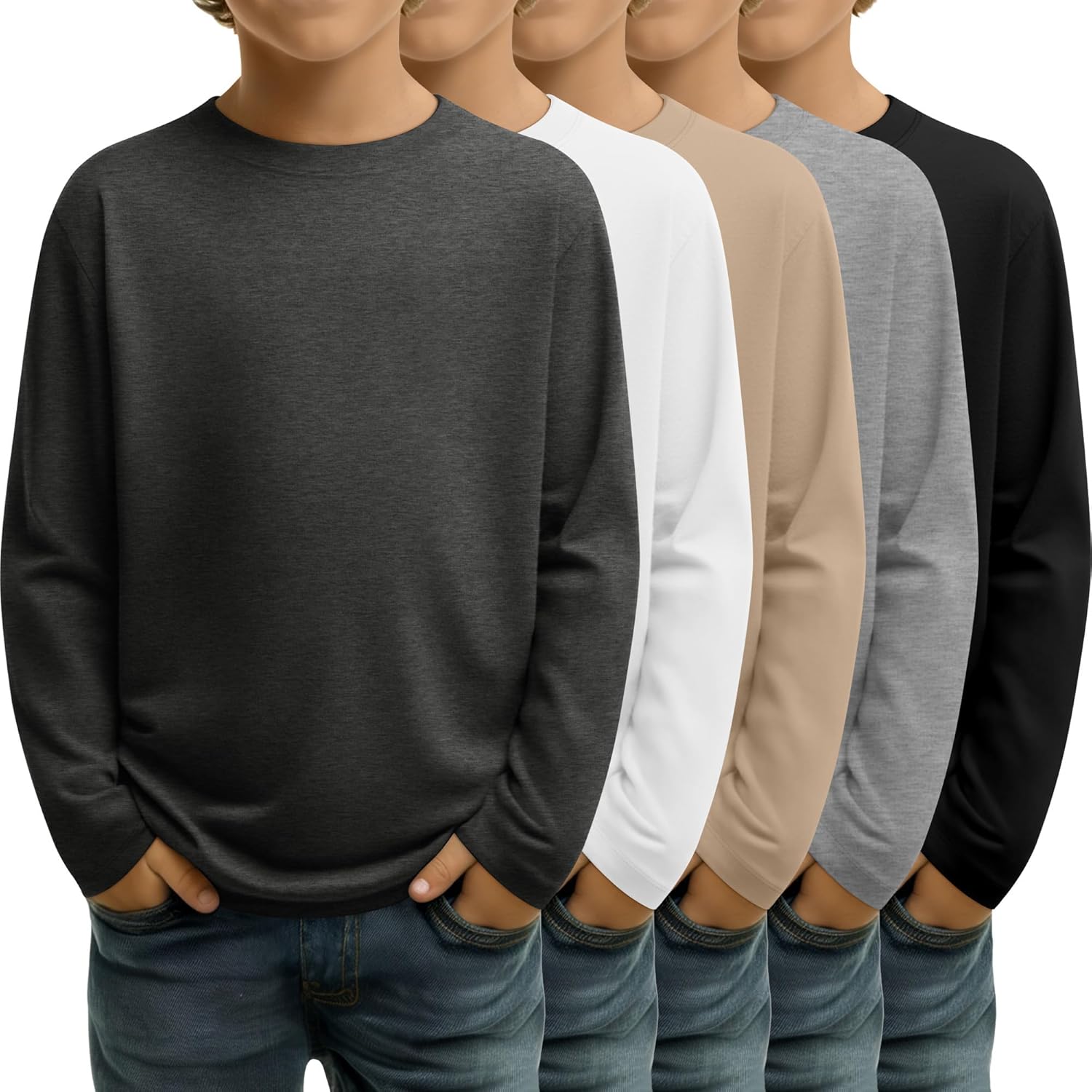 5 Pack Boys' Long Sleeve Shirts 3-16 Years Crew Neck Kids T-Shirts Teen Baggy Casual Layer Solid Tops
