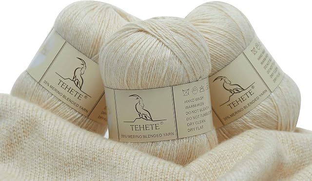 TEHETE Merino Wool Yarn for Knitting and Crochet Yarn 3ply 50g × 3 Balls soft and warm - Beige