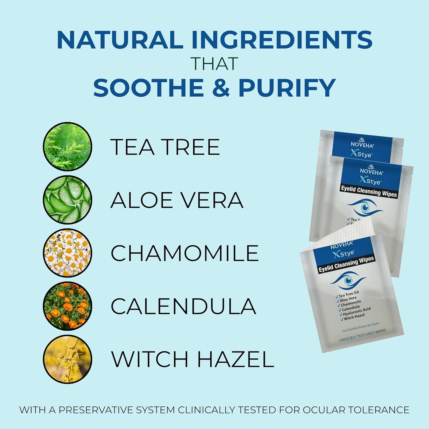 NOVEHA 60Pcs Stye Relief Eyelid & Lash Wipes – Tea Tree Oil, Hyaluronic Acid, Aloe Vera, Chamomile & Green Tea – Gentle Cleansing Wipes for Dry Eyes, Blepharitis, Itch - Hypoallergenic - Image 2