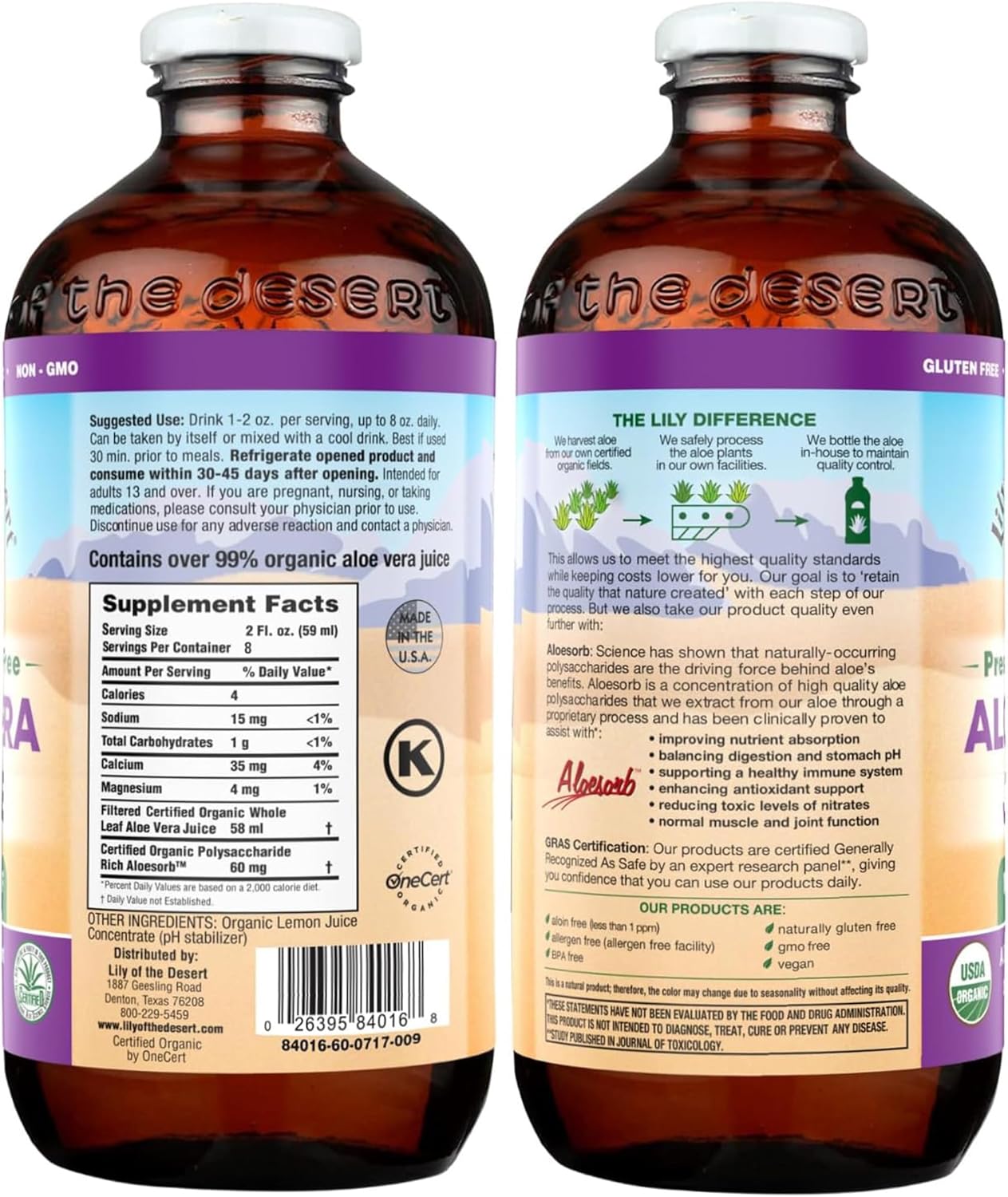 Lily of the Desert Aloe Vera Juice, Whole Leaf Filtered 2-Pack, Organic & Preservative Free – Natural Vitamins, Digestive Enzymes for Gut Health, Glowing Skin & Wellness, 16 Fl Oz Ea