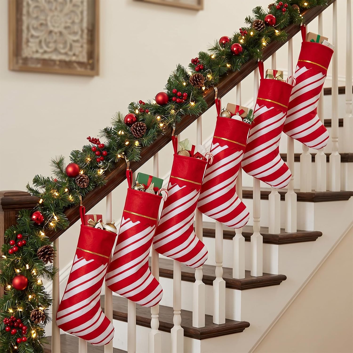 Zubebe 60 Pcs Felt Christmas Stockings Bulk, 15'',Red White Twill Stripe