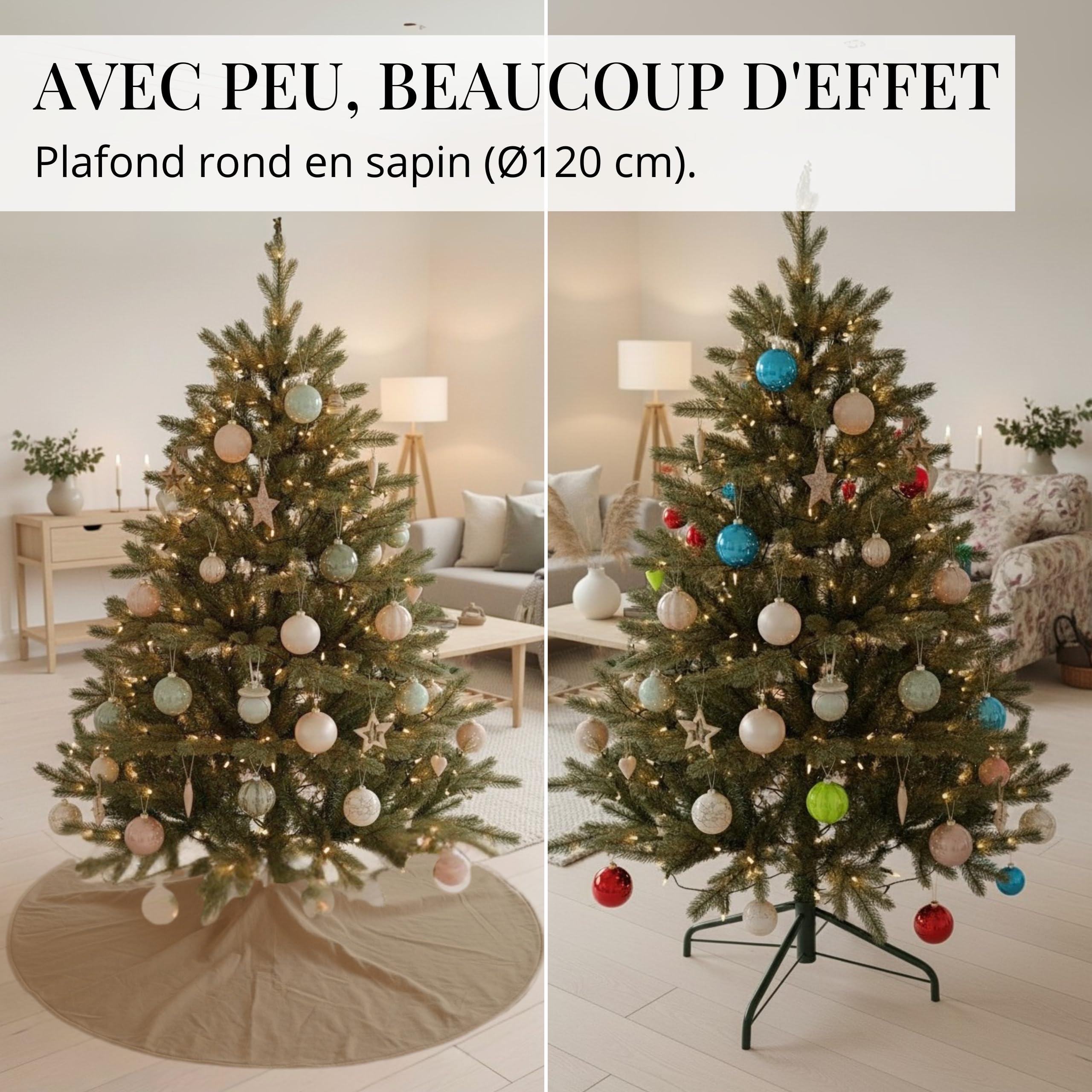 LIVLIG Jupe de Sapin Ø120 cm en Coton Beige/Brun – Tapis Rond réversible 2-en-1 avec Bord doré, Base décorative pour Pied de Sapin de Noël