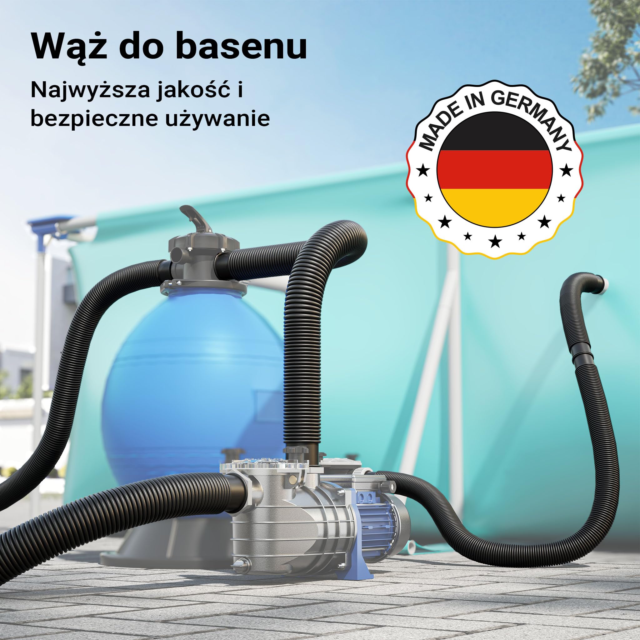 Wiltec Wąż do basenu o długości 21 m, Ø 32 mm czarny wąż ssący do pompy basenowej z mufami, wąż solarny - Made in EU