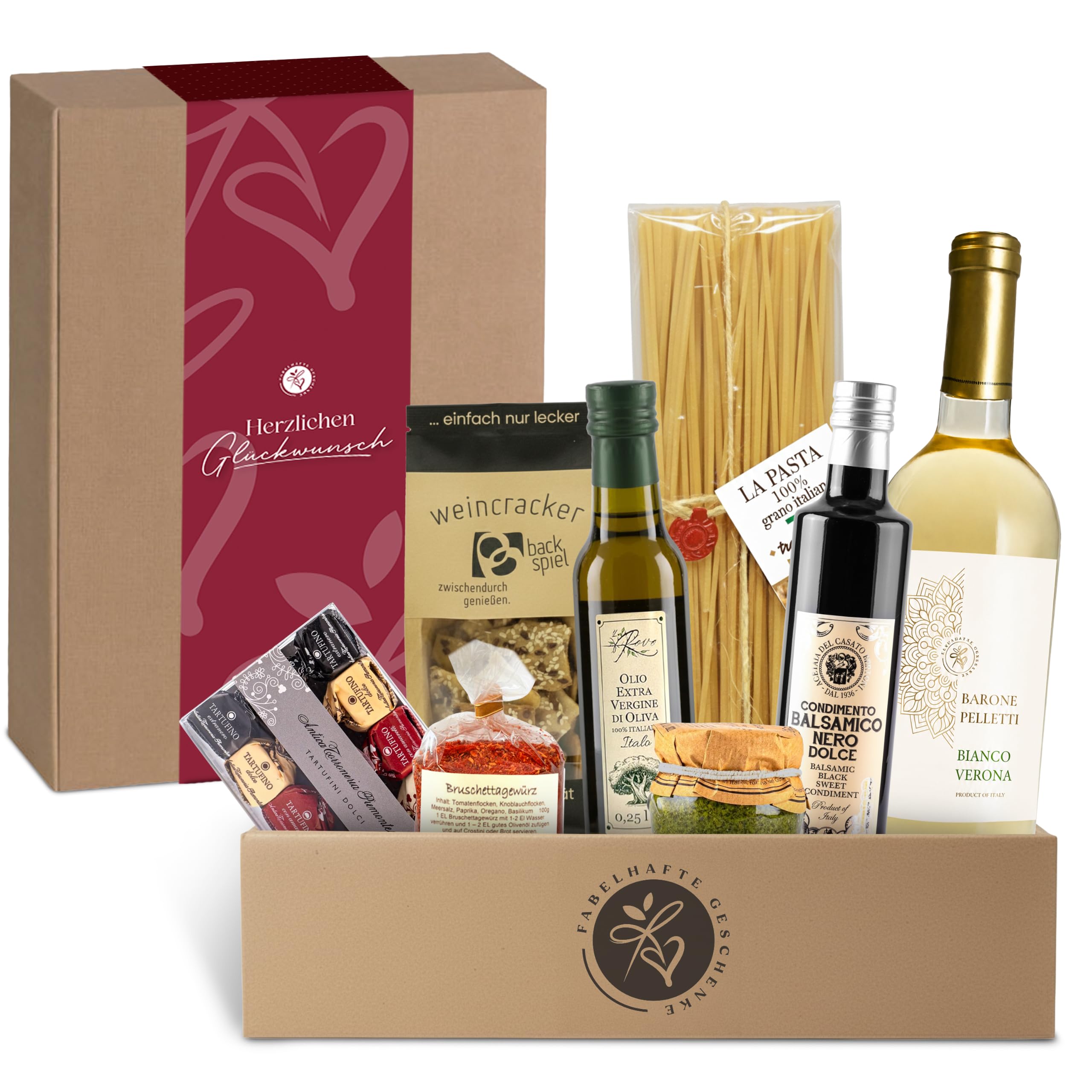 Geschenkkorb Bella Italia gefüllt mit Weißwein und italienischer Feinkost- Präsentkorb mit Olivenöl, Aceto Balsamico, Pasta, Pesto, Tartufini | mit "HERZLICHEN GLÜCKWUNSCH" Banderole
