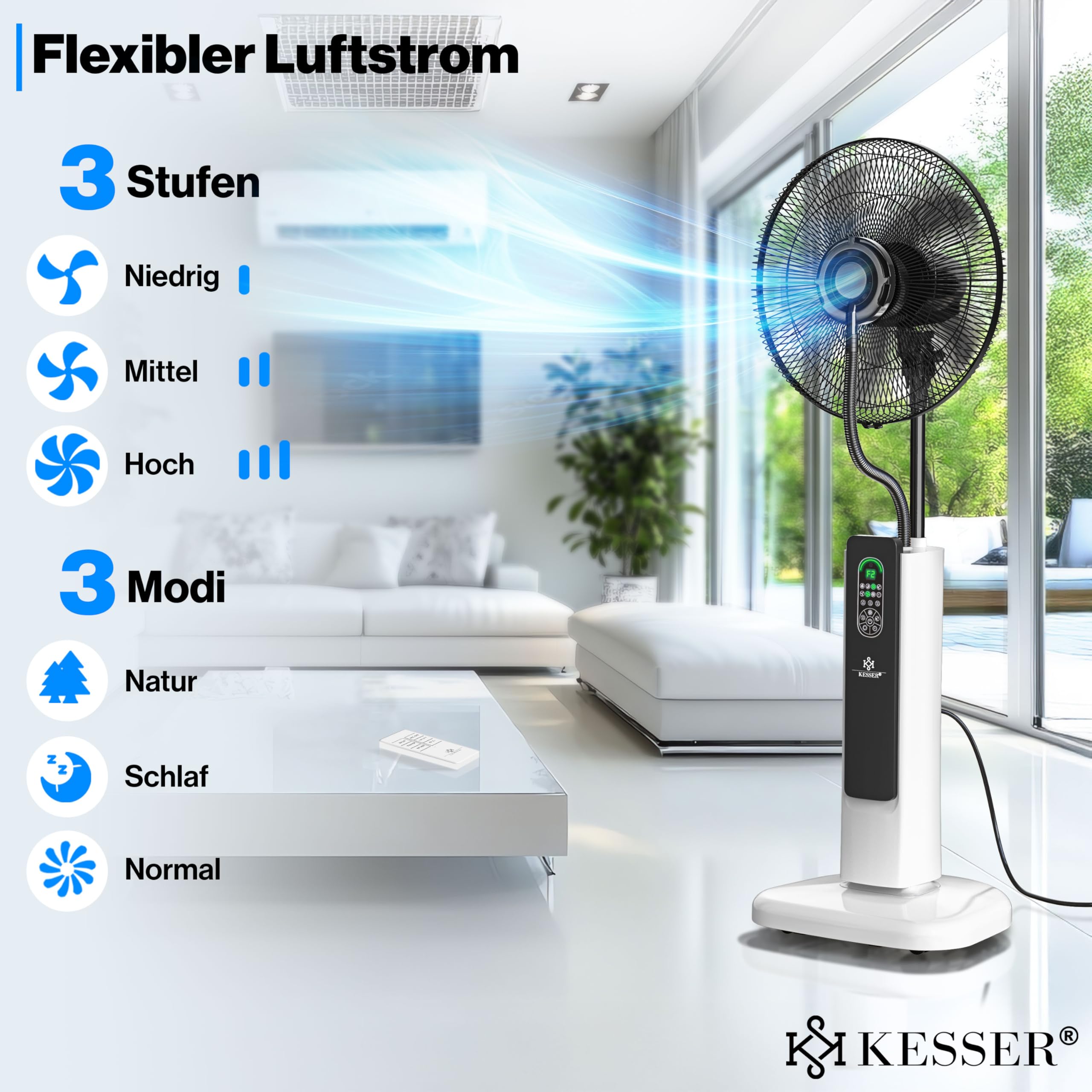 KESSER® Stand-Ventilator Frosty mit Wasser Ultraschall-Sprühnebel Wasserkühlung, inkl. Fernbedienung Timer-Funktion, Luftbefeuchter Leise, Nebelfunktion, Standventilator, Weiß/Schwarz