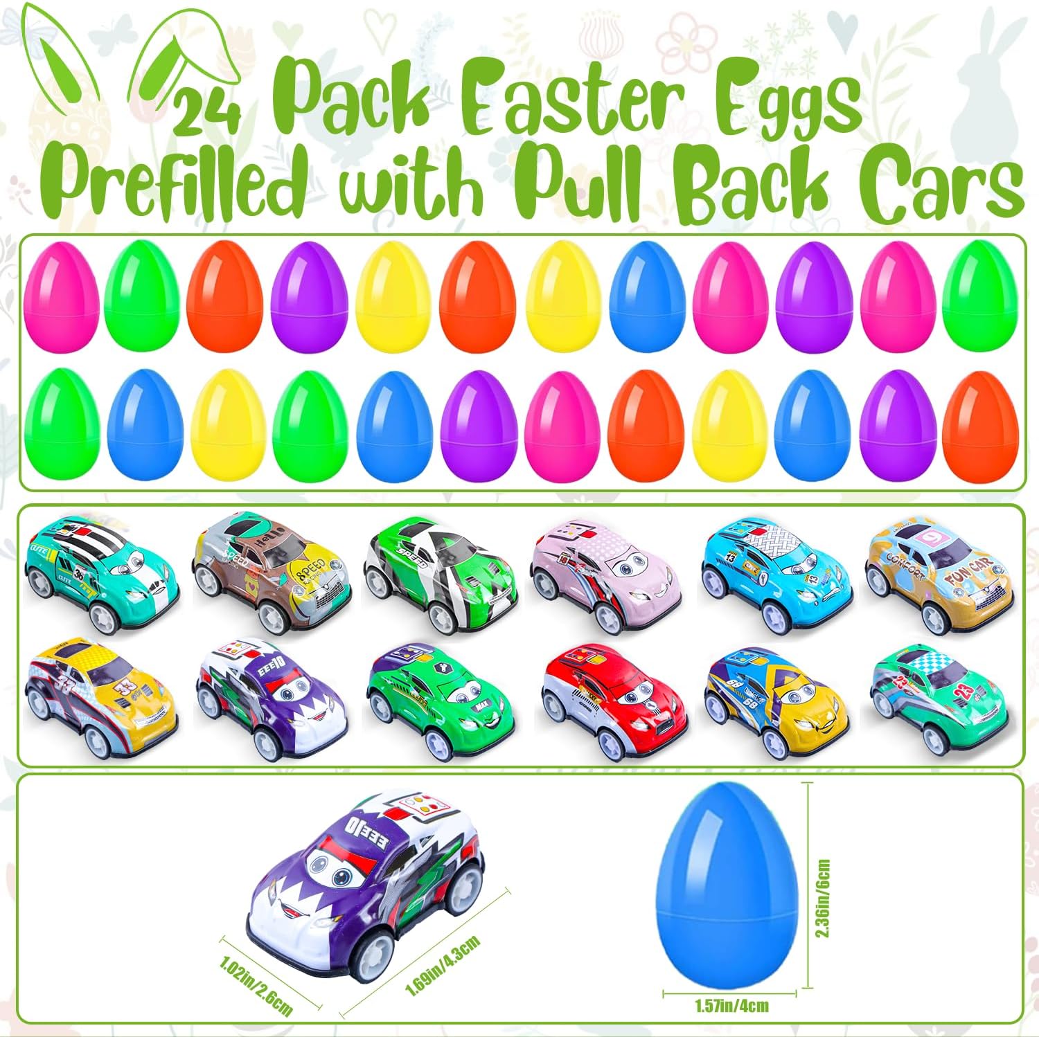 24 Pack Prefilled Easter Eggs with Pull Back Cars – No Assembly Required, Easter Egg Fillers & Basket Stuffers for Kids, Classroom Prizes, Party Favors, Easter Toys for Boys