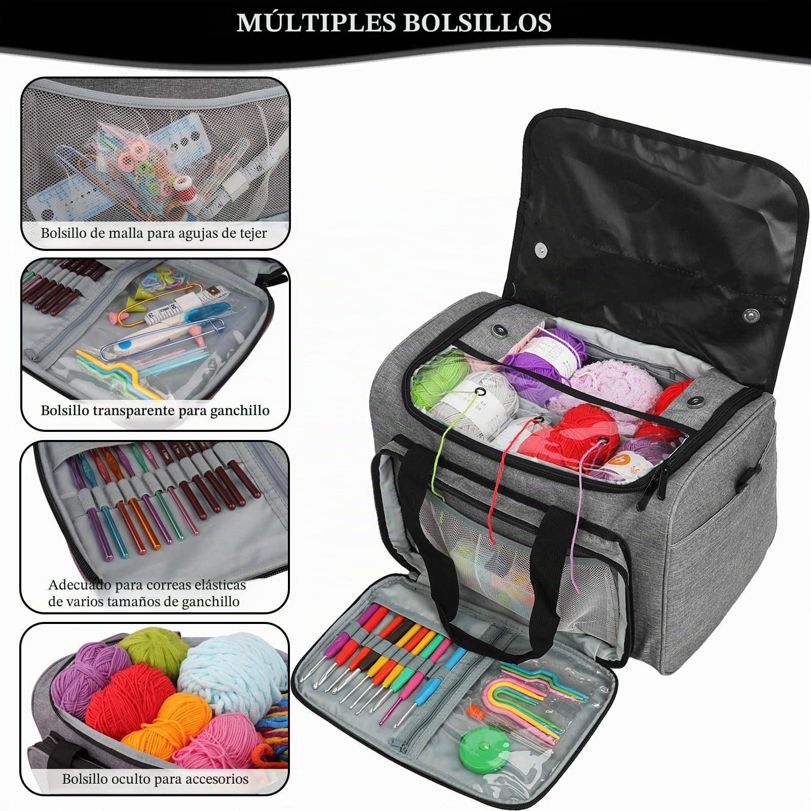 Coopay Bolsa de Hilo, Bolsa de Manualidades para Kit de Ganchillo y Almacenamiento de Kit de Punto de Cruz, Organizador de Hilo para Principiantes y Profesionales, Tela Oxford, Gris
