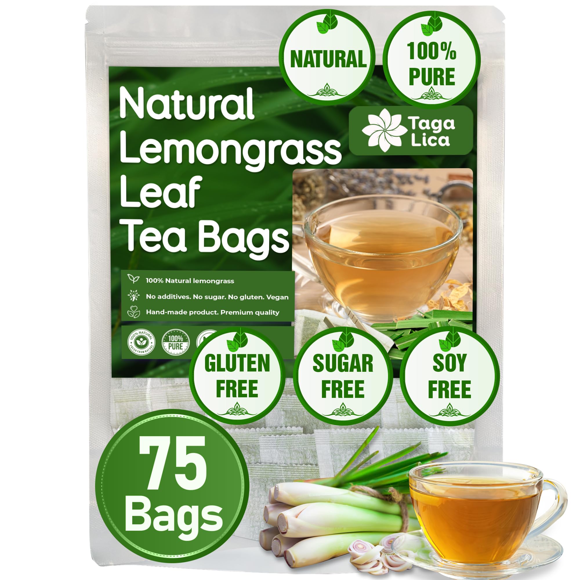 TagalicaPremium 75 Lemongrass Tea Bags, 100% Natural & Pure Lemongrass leaves, Eco-Conscious Tea Bags, Lemongrass Herbal Tea. Lemongrass Leaf Tea. No Sugar, No Caffeine, No Gluten, Vegan.