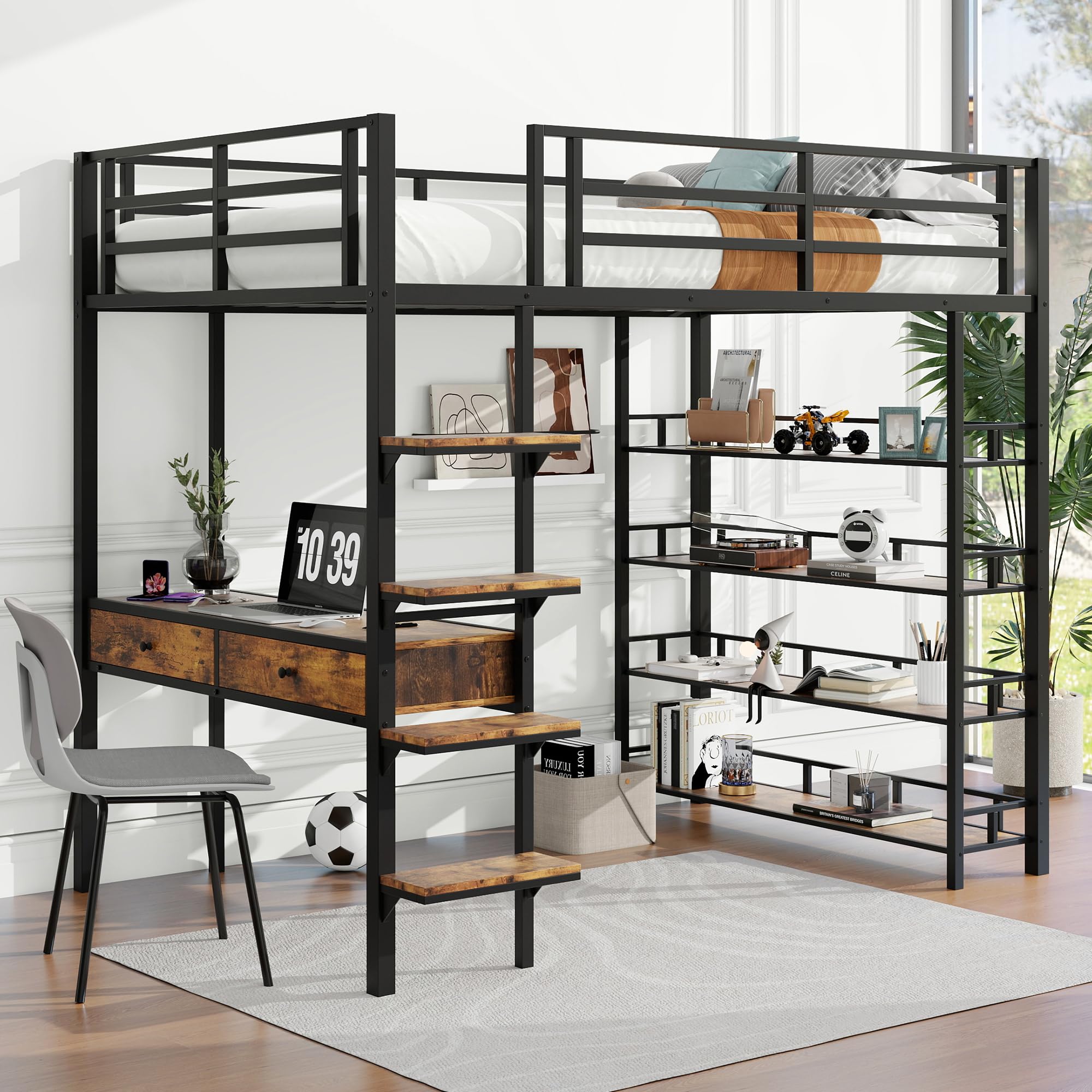 Luckiofvonne Full Size Loft Bed with Desk and Bookcase, Metal Loft Bed Frame with Storage Drawers and Shelves, Heavy-Duty Loft Beds with Wide Ladder for Kids Boys Girls Teens, Black