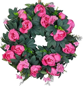 Spring Wreaths for Front Door 21 Inch Valentines Day Pink Peony Artificial Wreath, Spring Summer Floral Wreath for Porch, Wall, Window Decor
