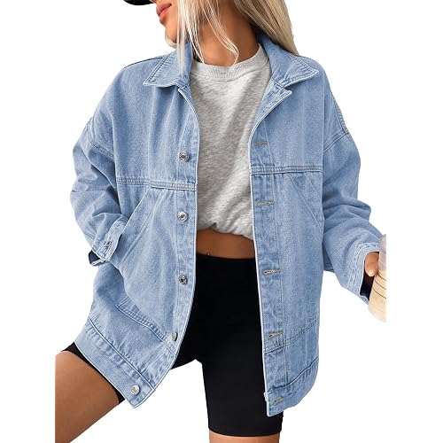 Trendy Queen Womens Oversized Jean Jacket Boyfriend Denim Coat with Pockets