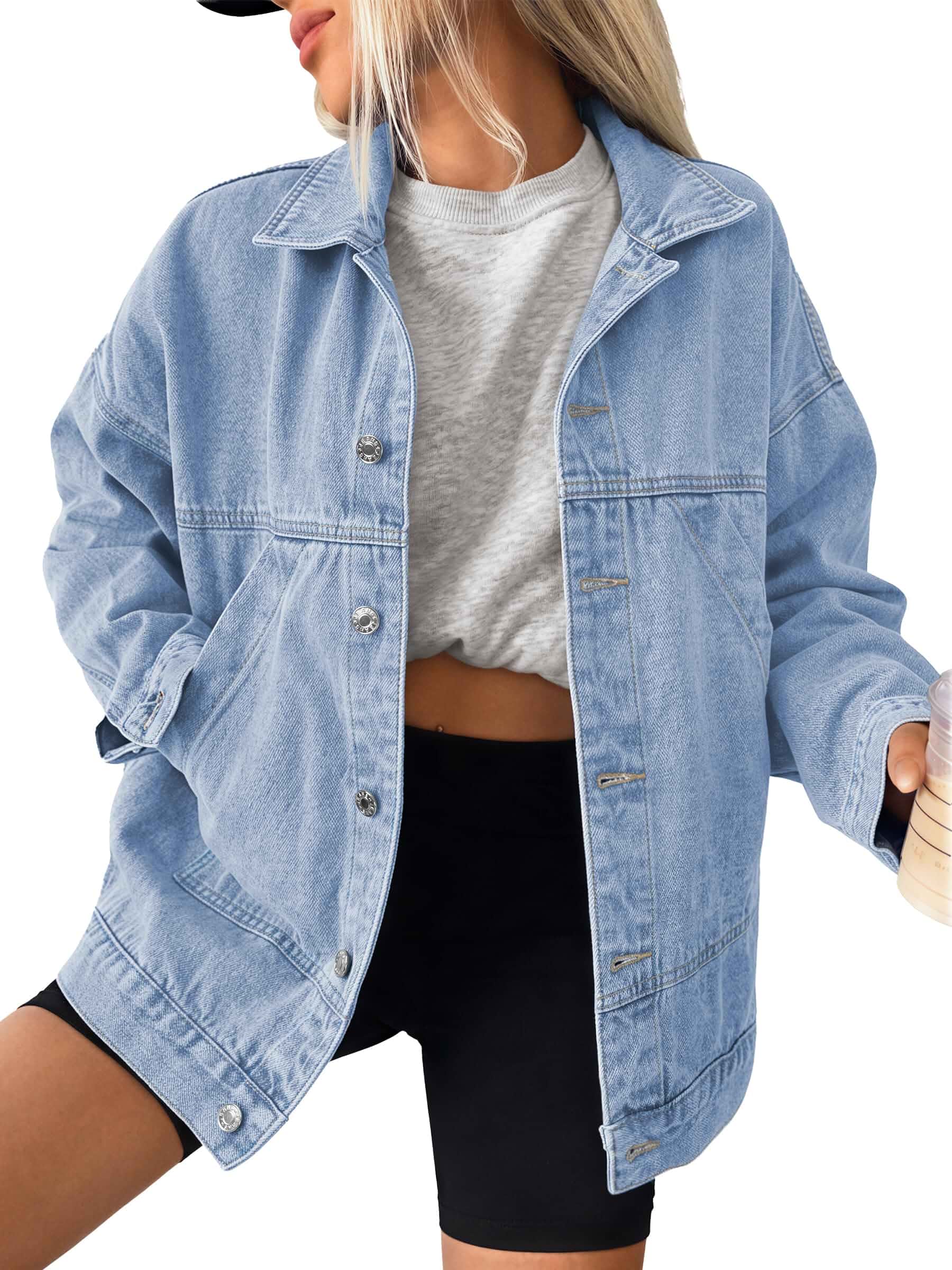 Trendy Queen Womens Oversized Jean Jacket Boyfriend Denim Coat with Pockets Classic Denim Jacket for Country Concert, Loose Fit, Retro Boyfriend Fit Shackets, Spring Fashion Clothing, Fall Outfits