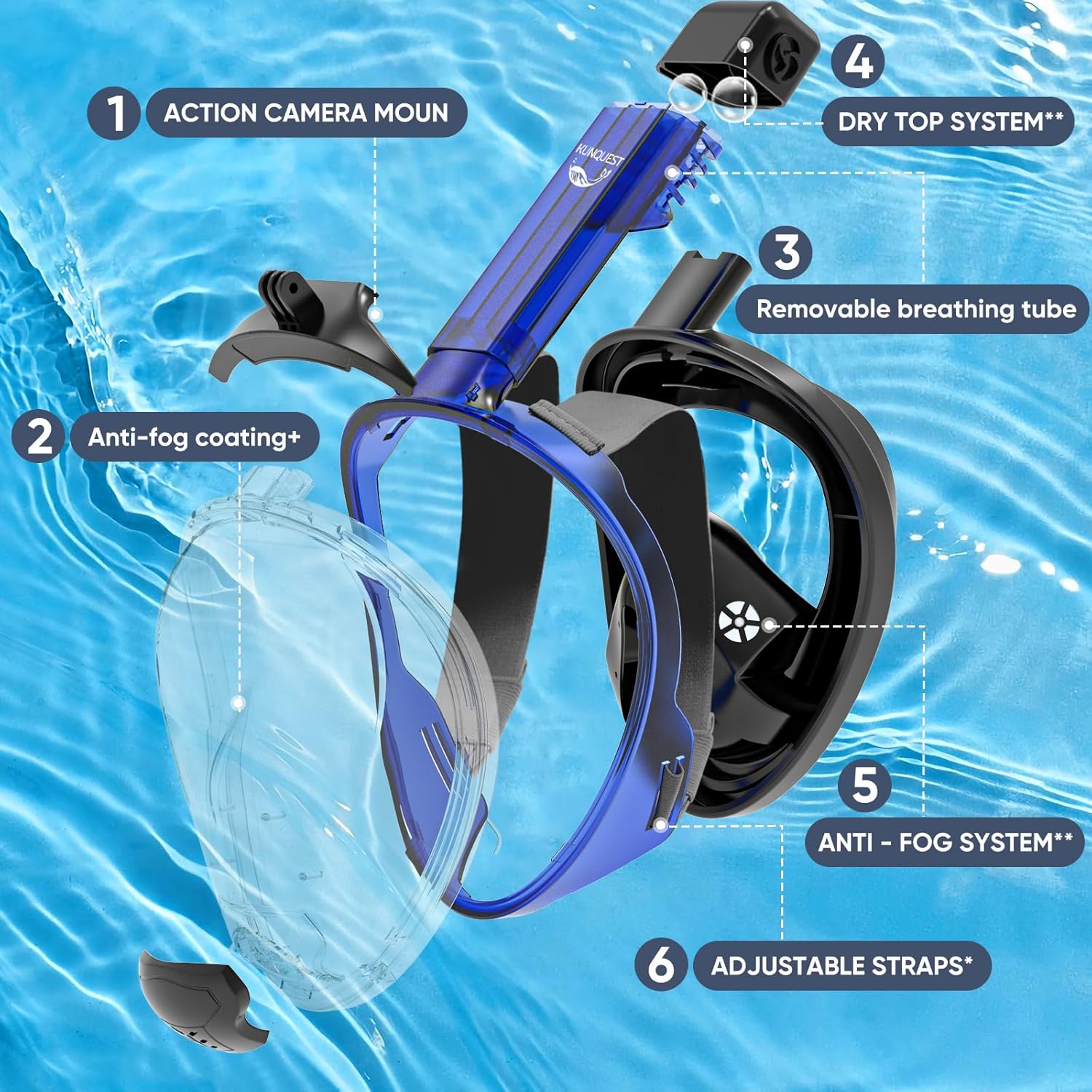 HD Full Face Snorkel Mask, Snorkeling Gear for Adults with 180° Anti-Fog HD View and Detachable Camera Mount, Anti-Leak Snorkel Mask Adult Youth - Image 4
