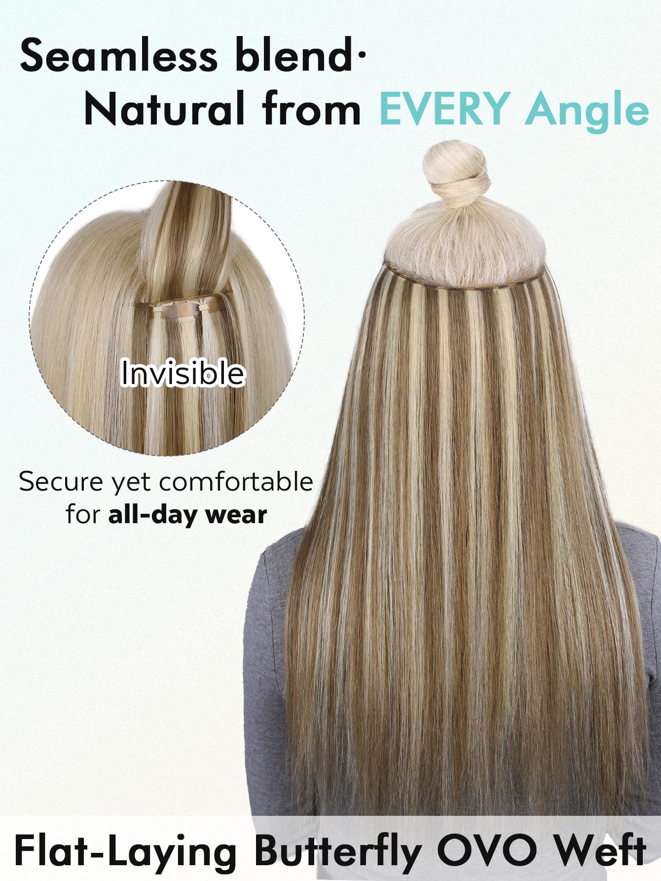 Human Hair Extensions 18 Inch Glue-Free Weft Micro Beads Volume Butterfly Weft Extensions Virgin Human Hair Blonde PU Hole  main image 4