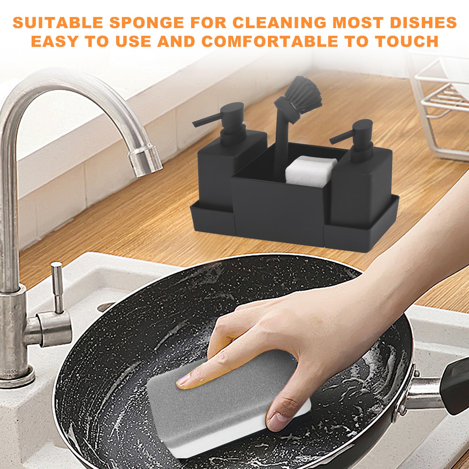 Dispenser Di Sapone Da Cucina, Porta Spugne Con Dosatore, Set Bagno Porta Sapone e Spazzolini,Con Spugna e Spazzola, Per Box Lavello,Cucina,Bagno (Nero)