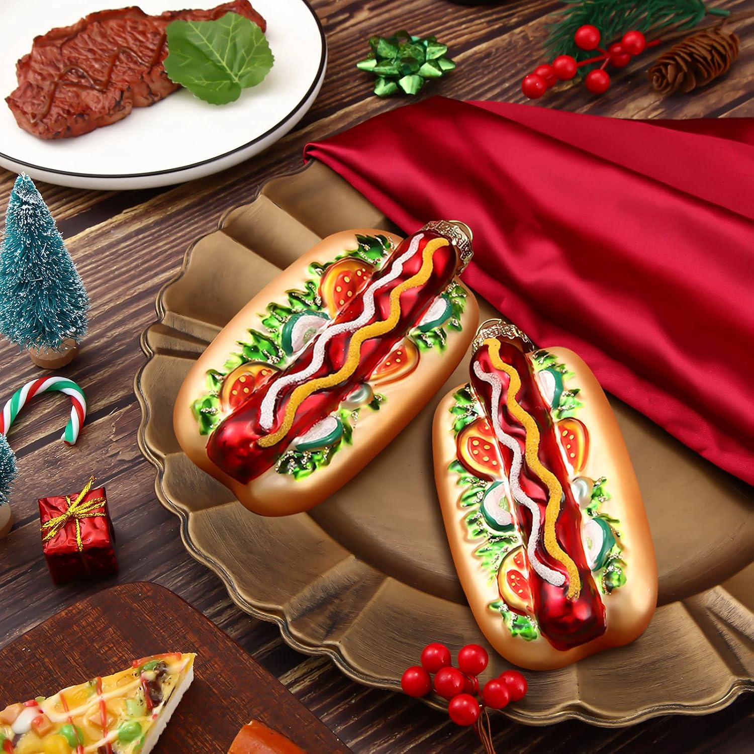 2 Pieces Christmas Food Ornaments Handcrafted Glass Blown Food Ornaments for Christmas Tree Fireplace Decoration(Hot Dog Style) - Image 7