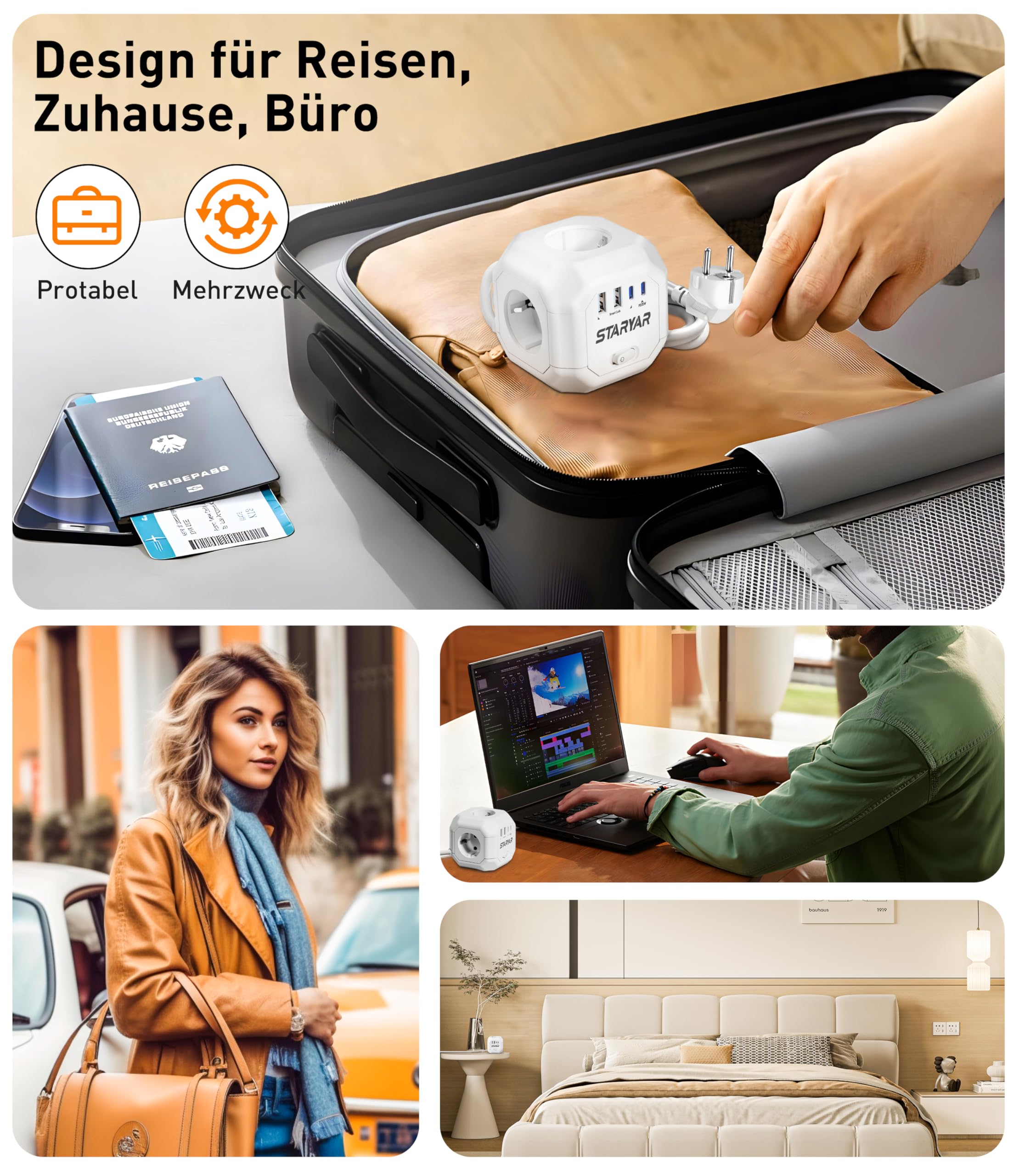 Listwa zasilająca Cube z 4 gniazdami wtykowymi, z gniazdem USB, 4000 W, adapter do gniazd, 2 m, przedłużacz, listwa zasilająca, ochrona przed przepięciem, do biura