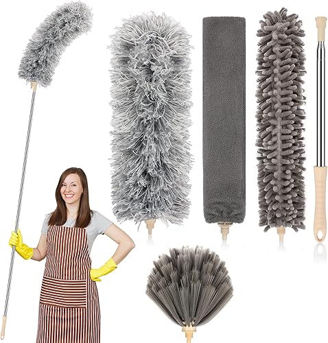 Limpiador de ventilador de techo, 4 cabezales de cepillo de 30 a 100 pulgadas, kit de limpieza extensible, plumero reutilizable con un poste de