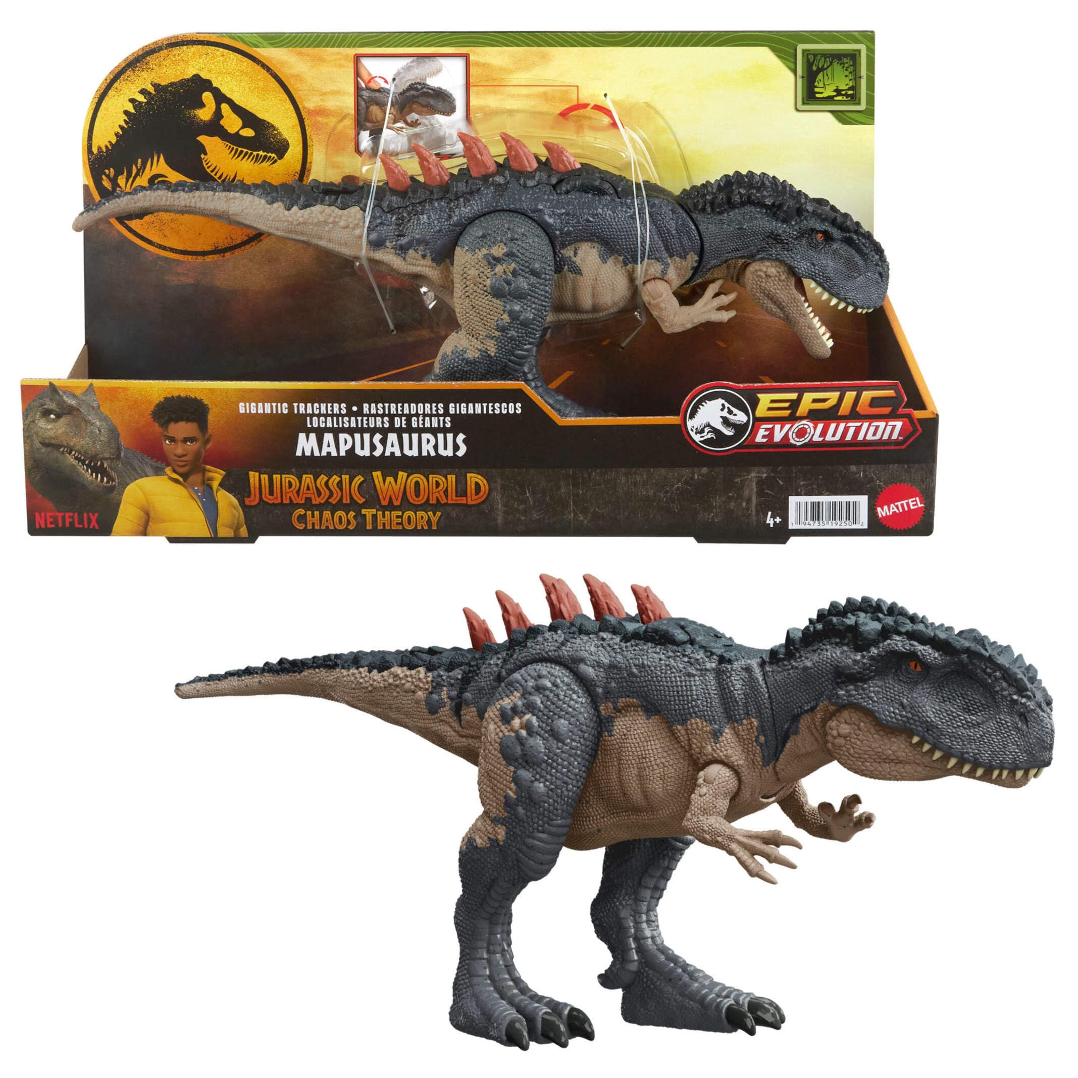 Mattel Jurassic World: Teoría del Dinocaos Netflix - Mapusaurus Rastreadores Gigantescos, Figura de acción de dinosaurio de juguete de 35 cm de largo, serie Epic Evolution, +4 años, HTK81