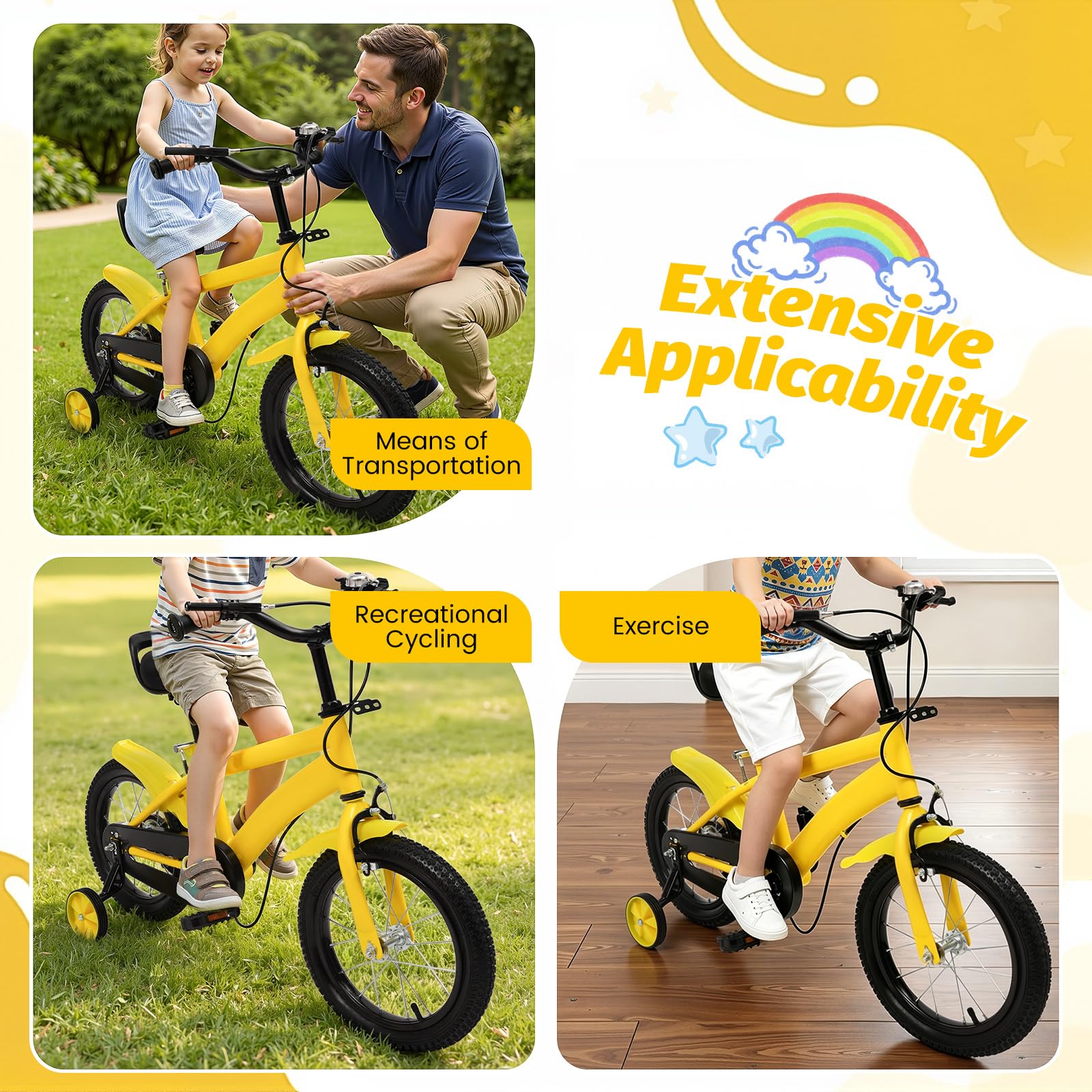 Bicicleta infantil de 14 pulgadas de altura ajustable a partir de 3 años, bicicleta segura con ruedas estabilizadoras y sistema de doble freno, para niños y niñas, perfecta para entrenamiento