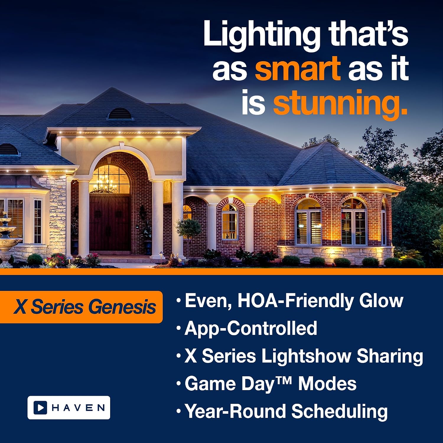Haven Lighting X Series Genesis Roofline Kit - Permanent Outdoor House Lights - Smart App Control - HOA Friendly - Premium Plug and Play Under Roof Installation - White, 120ft