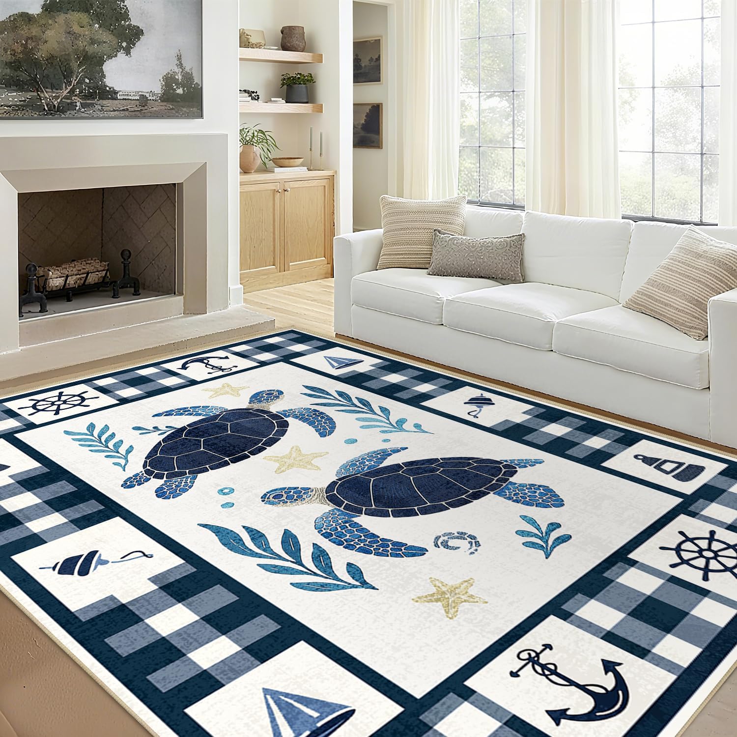 Coastal 5x7 Area Rug Nautical Sea Turtle Rugs Machine Washable Non-Slip Low-Pile Ocean Floor Carpet Beach Mat for Living Room Bedroom Dining Room Office