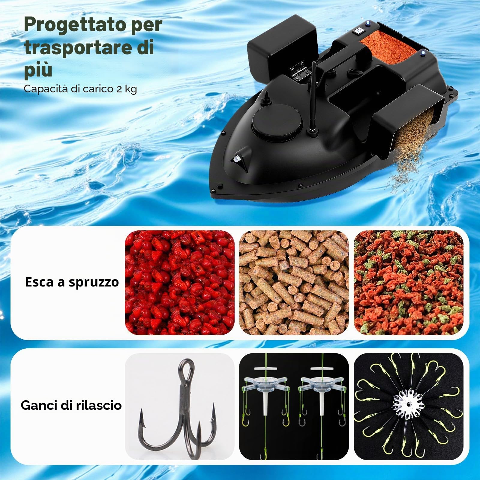 Barca per esche da pesca con telecomando da 500 m, con luce notturna a LED, portata 2 kg, per pesca notturna, telecomando, per laghi/fiumi, 2 ore