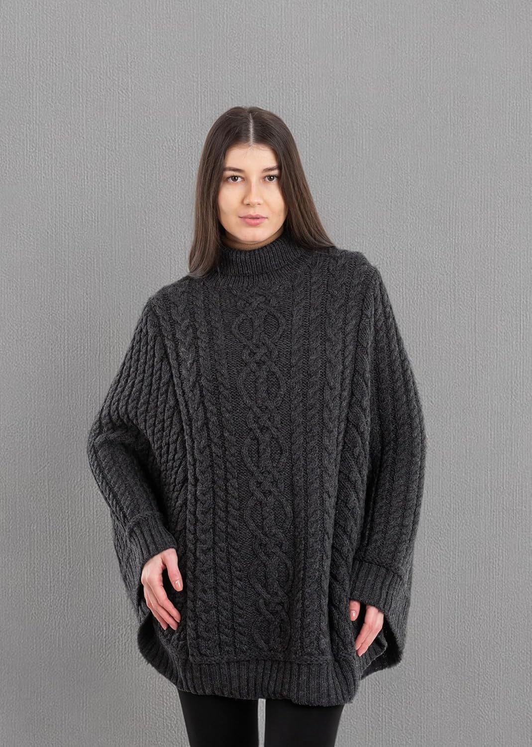SAOL 100% Merino Wool Cable Knit Ladies Irish Aran Poncho Cardigan - Image 5